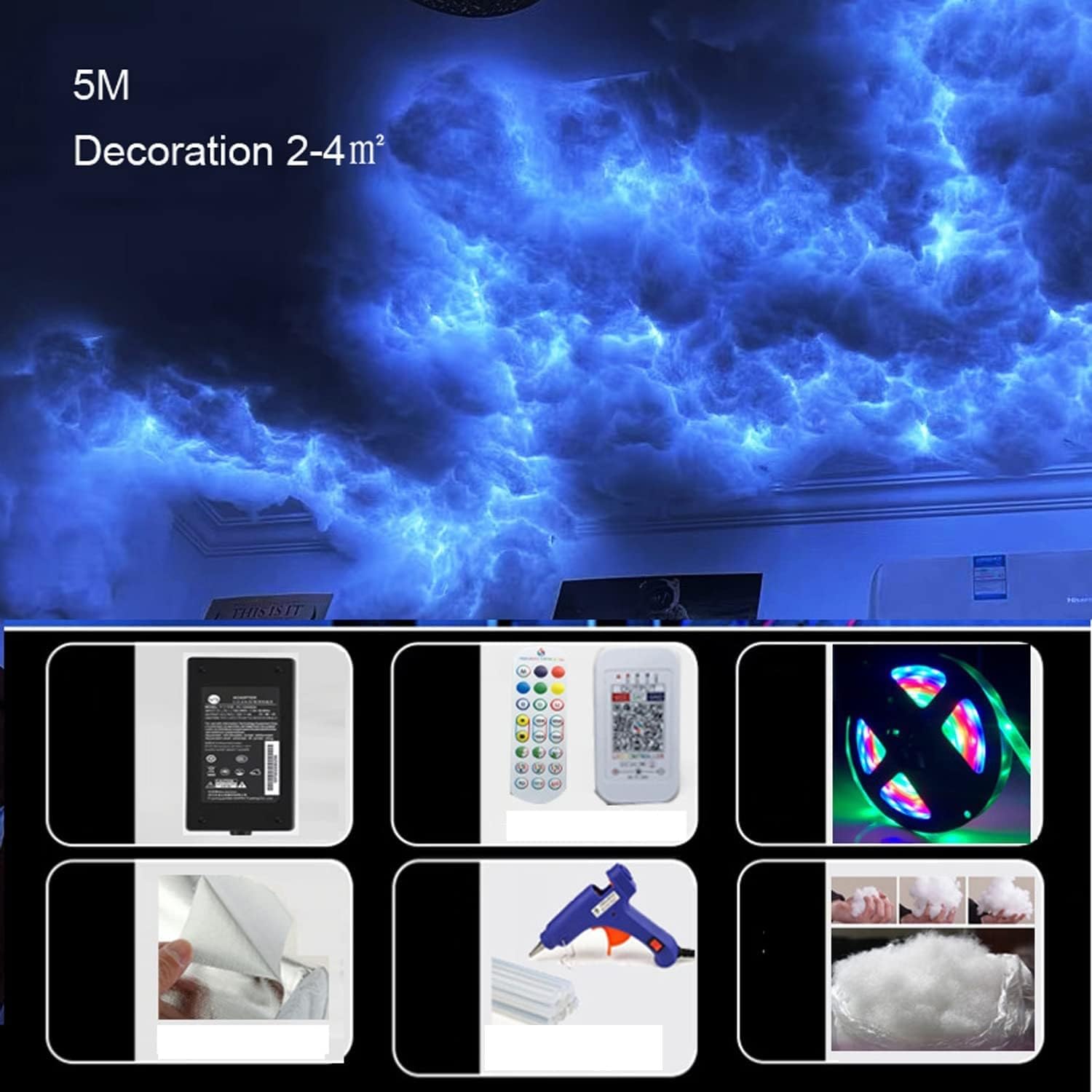 Lámpara de Nube de Trueno Creativa de Bricolaje, Luces de Nube 3D con Tira de luz LED y algodón, luz LED de Nube de Trueno 3D, lámpara de Pared de Nube de Techo para Sala de Juegos (10m)