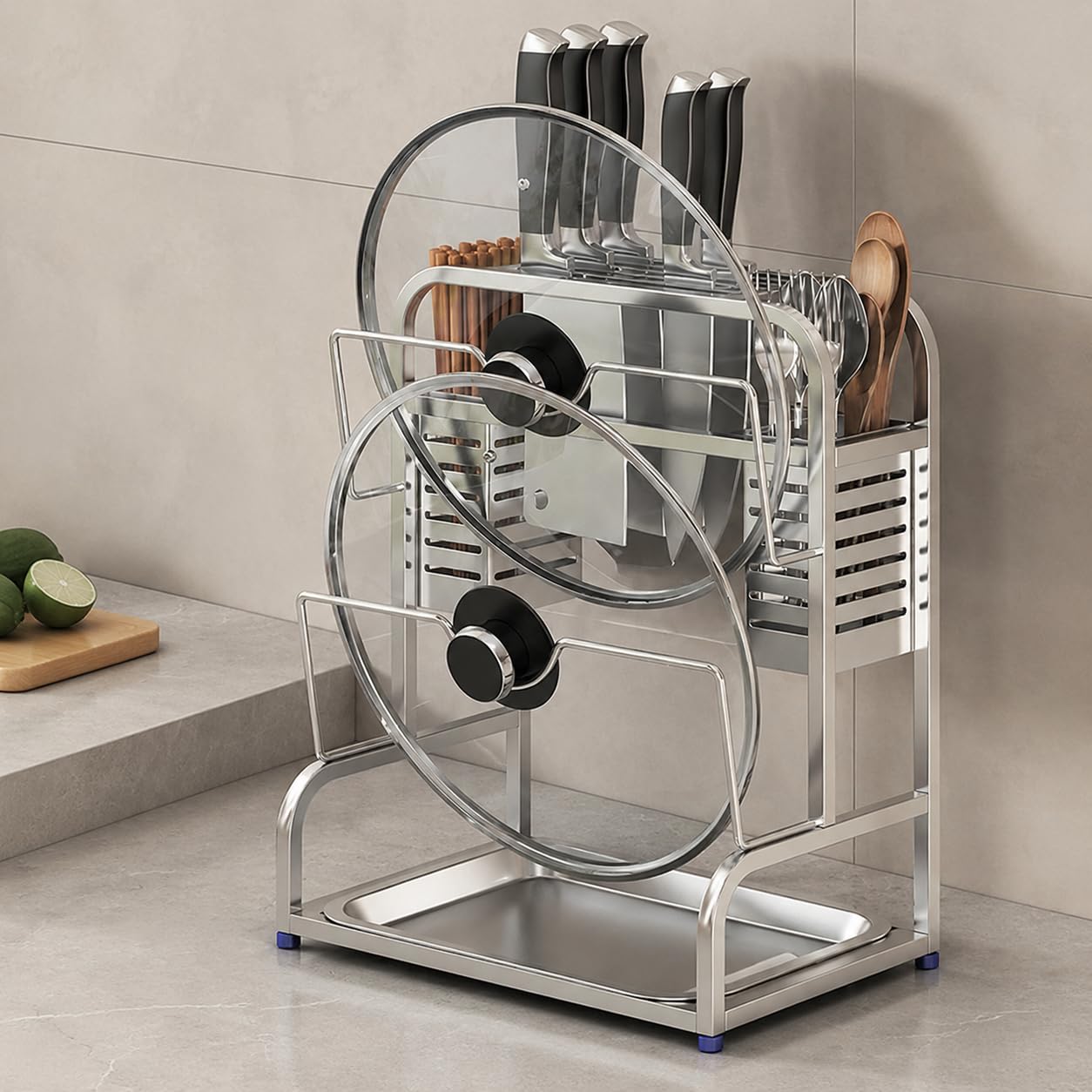 Rastrelliera da Cucina in Acciaio 304 , Portacoperchi+portacoltelli+4 ganci