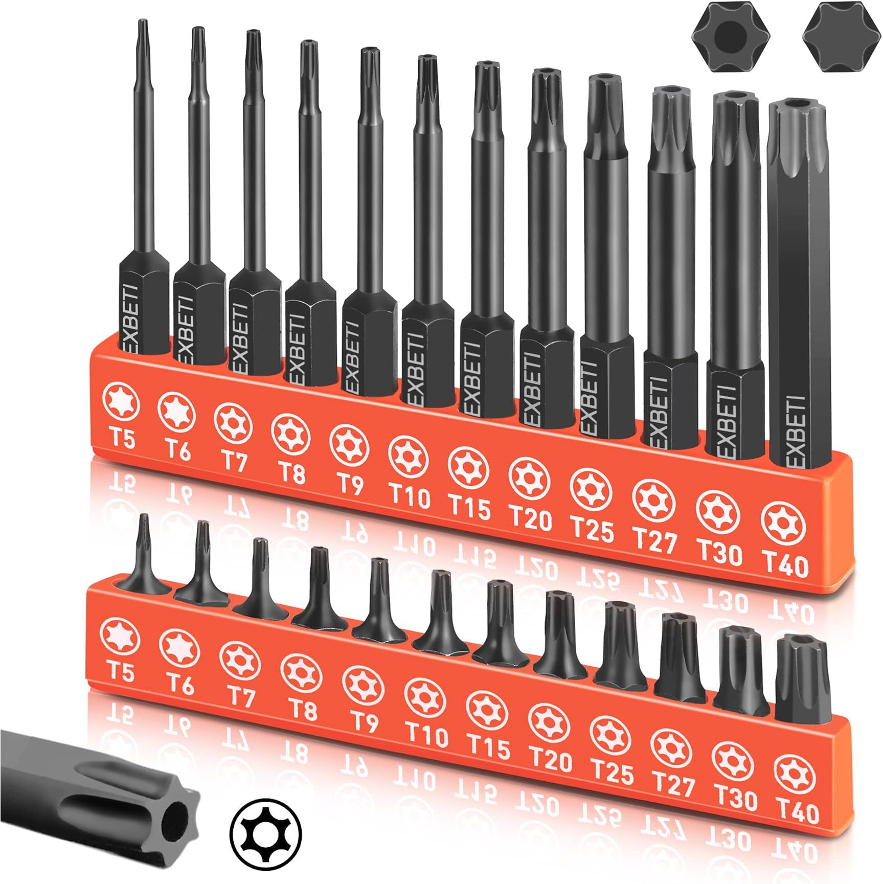 REXBETI 24 Piece Torx Head Screwdriver Bit Set, Magnetic 1/4 Inch Hex Shank S2 Steel Tamper Resistant Star Bits Set, 1" and 2.3" Long Drill Bit (24-torx bit set)