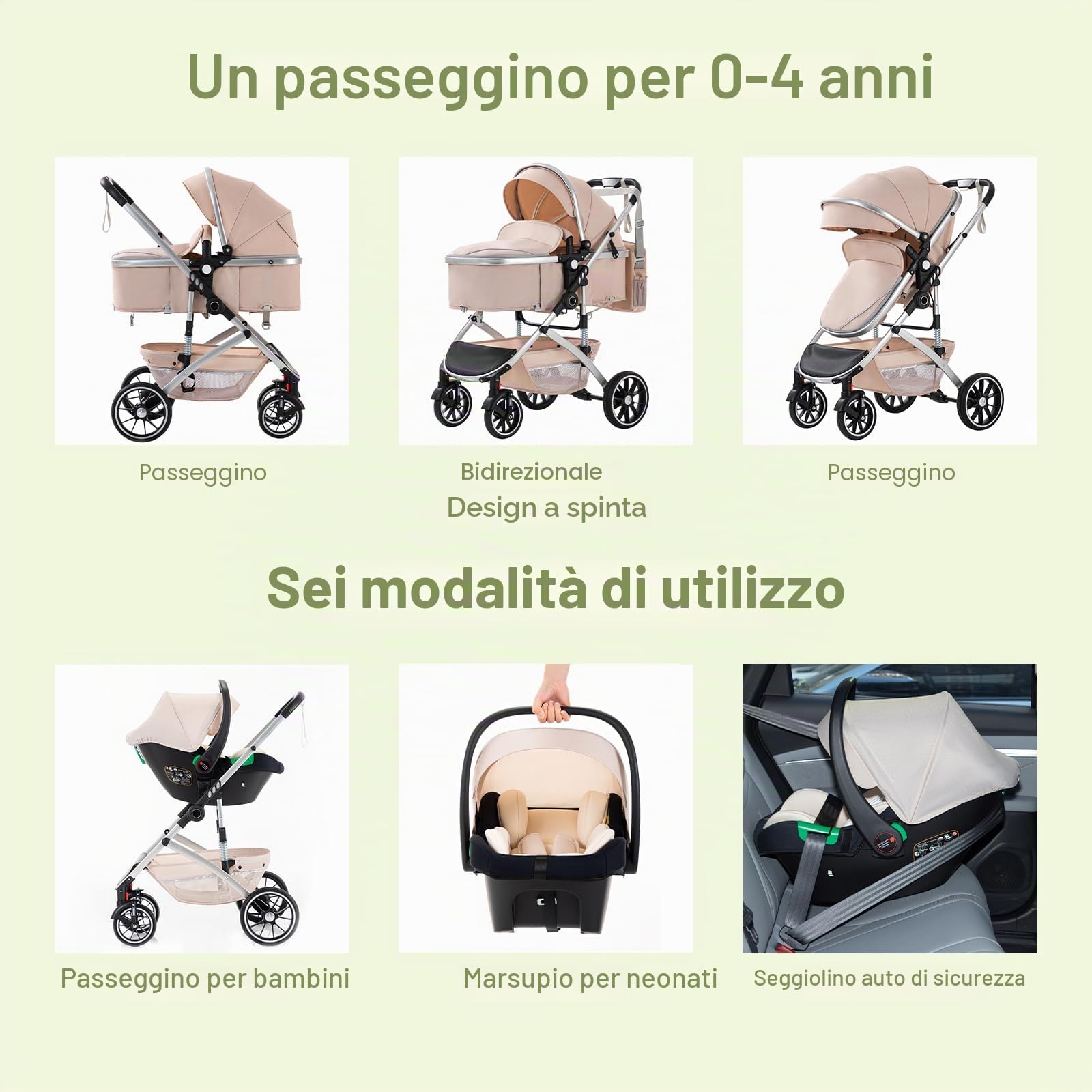 Passeggino 3 in 1 con seggiolino auto pieghevole telaio alluminio per neonati 0-4 anni