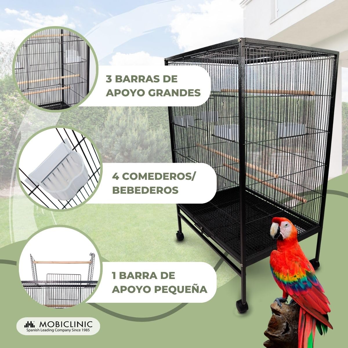 Mobiclinic®, Jaula de Pájaros, XL, con Ruedas, Frenos, Apertura Superior, Bandeja Extraíble, 8 Puertas, Grande, 95x43x61.5 cm, Comederos, Bebederos, Perchas Descanso, Agapornis, Loros, NINFA