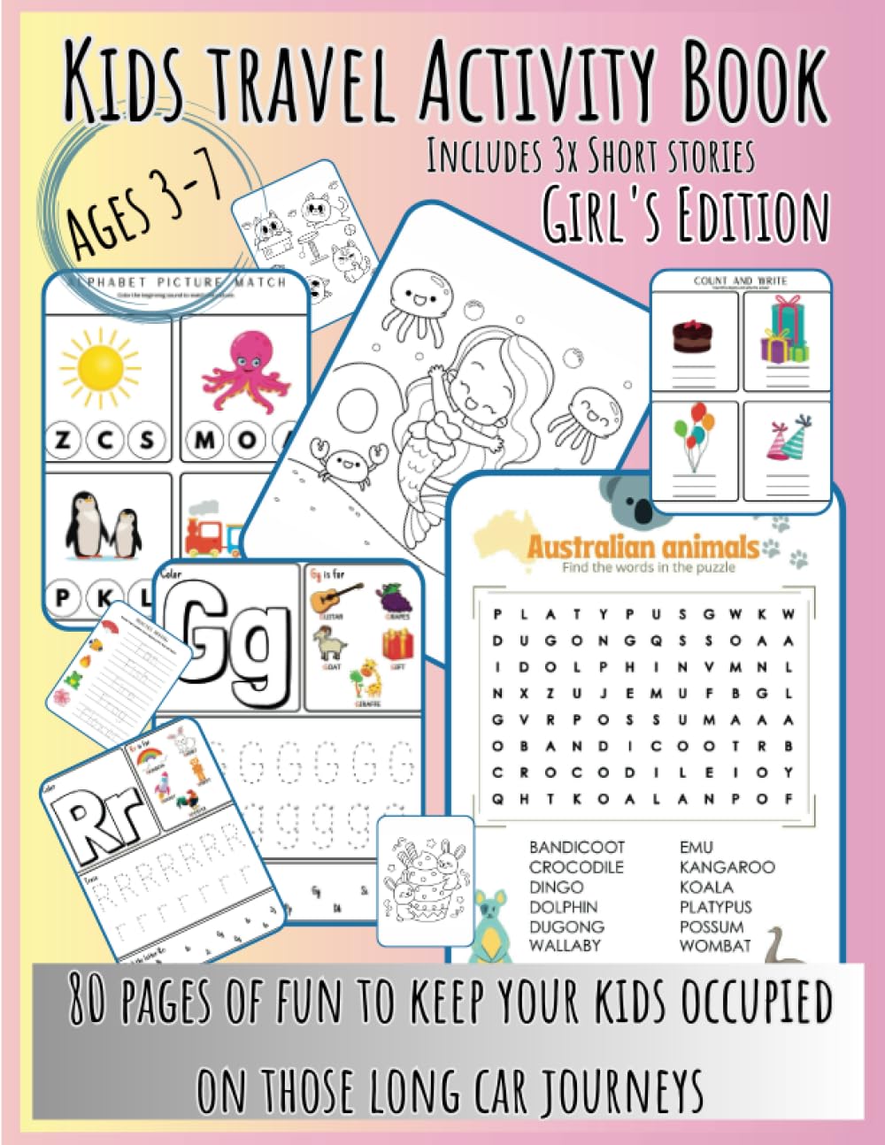 Kids Travel Activity Book, Girl's Edition: 80 Page Activity Road Trip Book for 3-7 year olds, Travel Colouring Book For Girl's