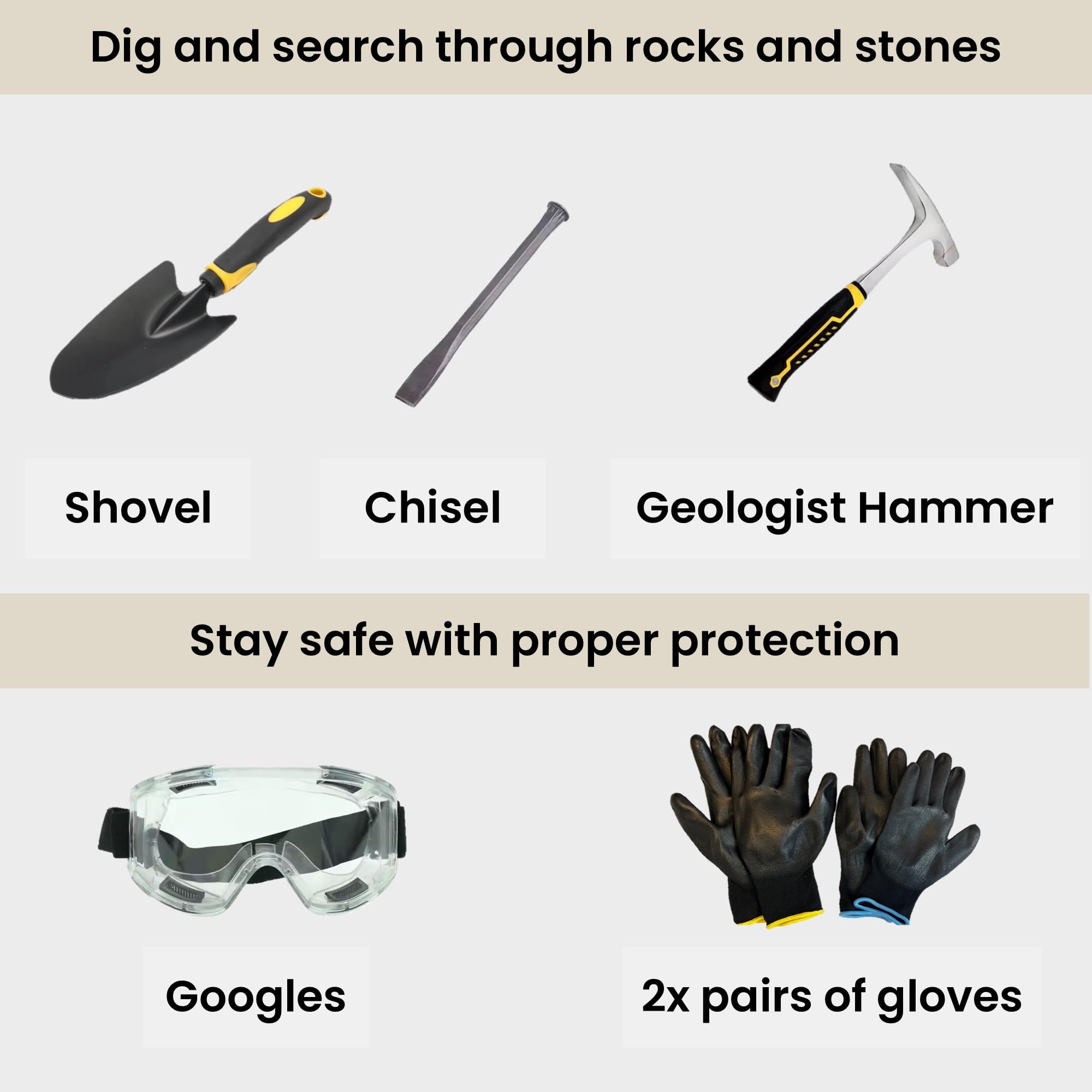Outward Kit da caccia Geology Fossil da 14 pezzi, con borsa per il trasporto, per caccia e raccolta delle rocce, adatto per professionisti o principianti, bambini o adulti, martello, scalpello e altro