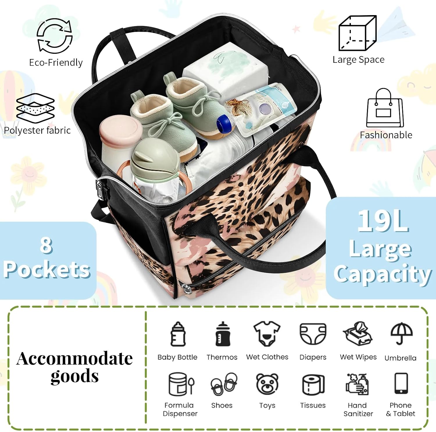Honeybaby Diaper Bag Backpack for Mom & Dad Print Abstract Leopard 19L Large Diaper Bag Tote with Multi-Pocket image 4