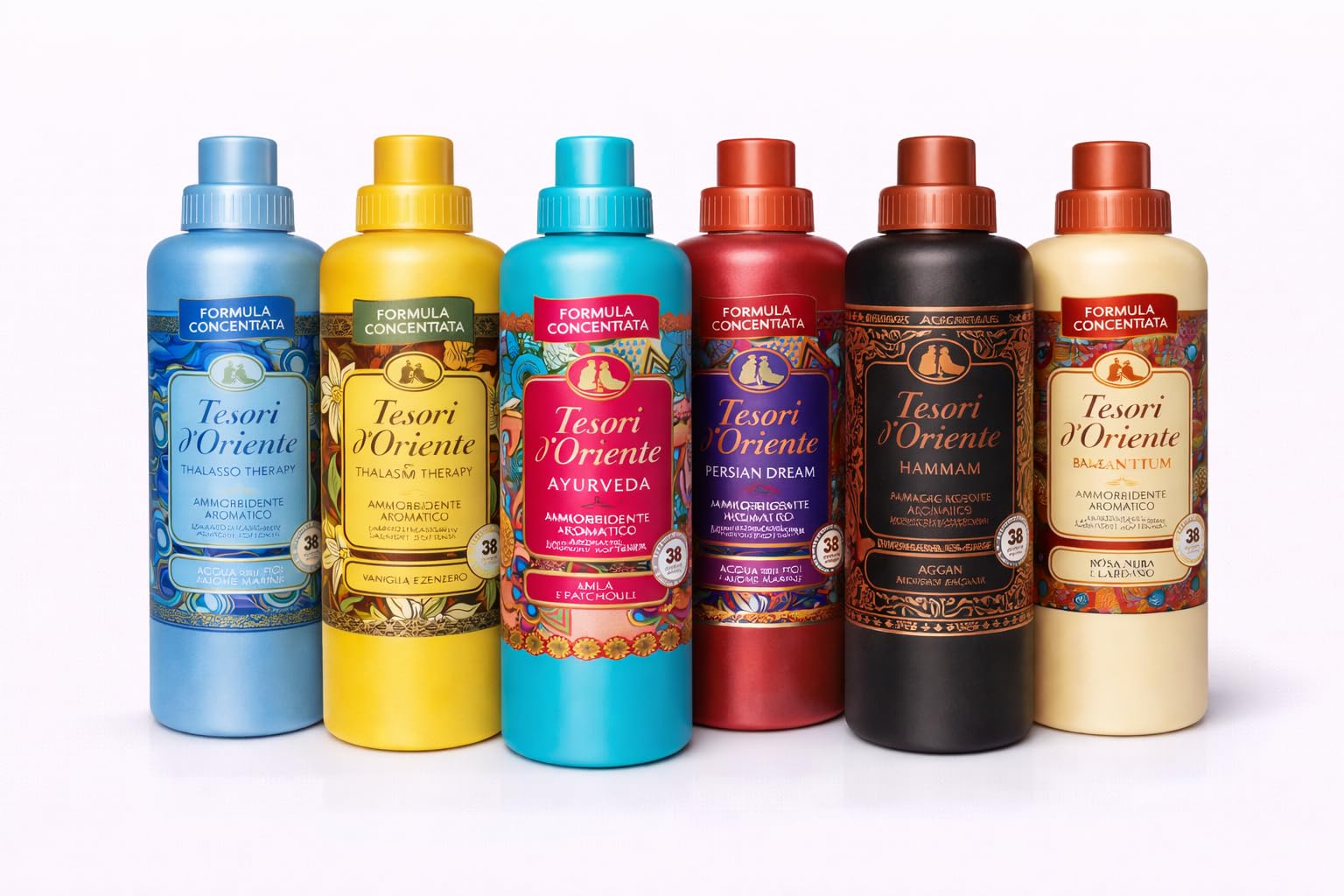 Tesori d’Oriente Weichspüler Konzentrat Mix-Set 6er Pack (6x 760 ml) – 6 Düfte: Thalasso Therapy, Vaniglia & Zenzero, Ayurveda, Persian Dream, Hammam, Byzantium – italienische Marke Veltao