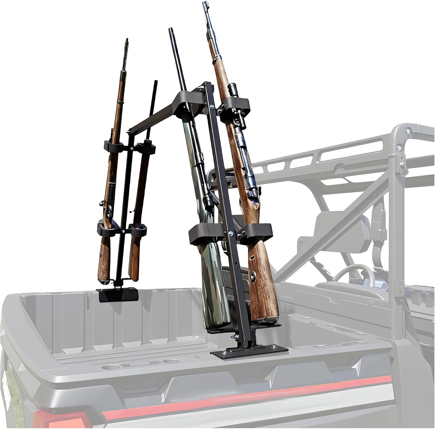 ALMULOO Universal UTV Sporting Clays Gun Rack W/4 Tools Rack Compatible with Polaris Ranger General Pioneer Golf Cart Cargo Bed Gun Holder Mount Aluminium Powder Coated