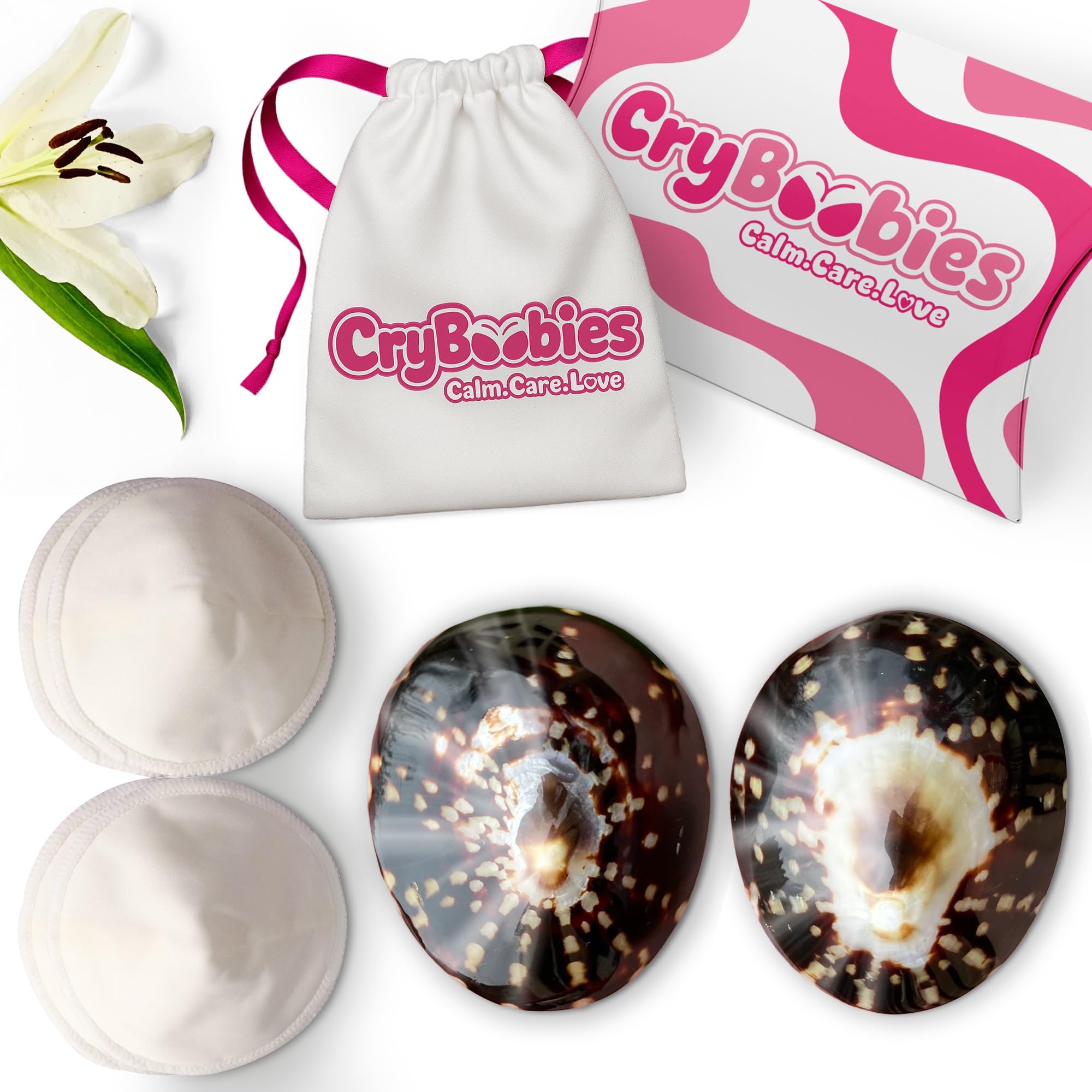 Coquillages d'allaitement + 4 Coussinets + Collier + Bracelet Quartz Rose - Cadeau fête des mères