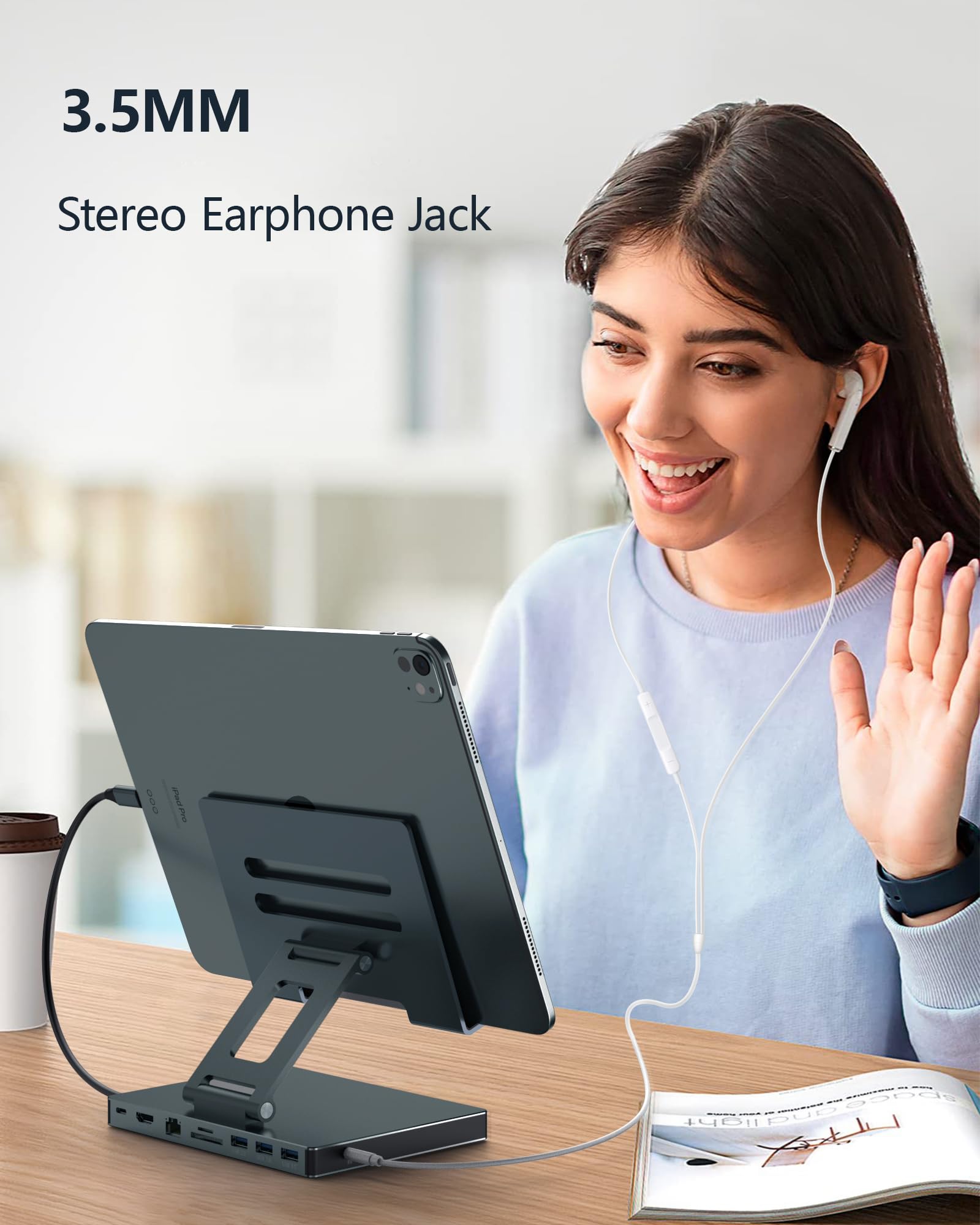2026 iPad Pro USB C Hub Stand, Adapter for iPad Air M5 M4 M3 13 11 12.9 Inch Docking Station 4K 60Hz HDMI, RJ45 Ethernet, SD/TF Card Reader, 3 USB 3.0 Port, 3.5mm Audio, iPad A16 Galaxy Tablet Dock
