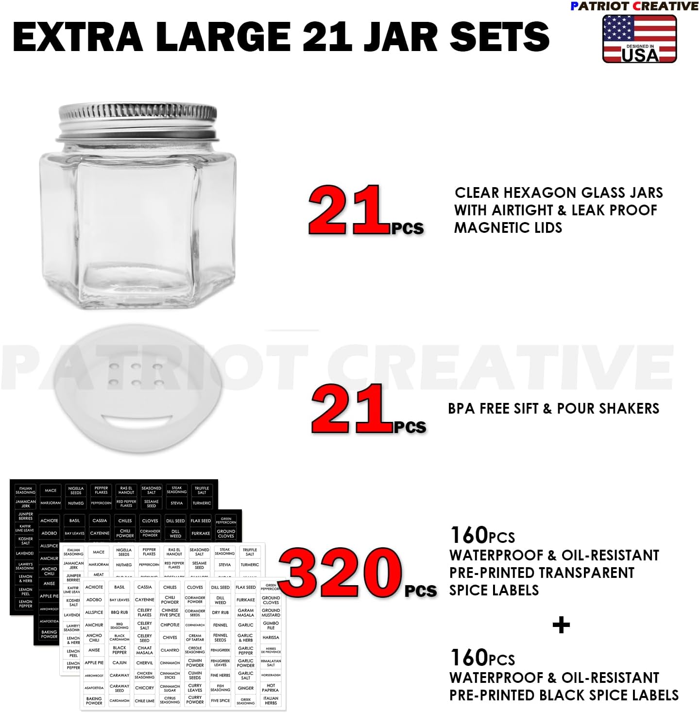 Patriot Set of 21 Large 4oz Magnetic Spice Jars for Refrigerator, Hexagon Glass Magnetic Spice Jars with Shaker Lids and Labels for Kitchen RV Travel Trailer, Magnetic Spice Containers for Fridge