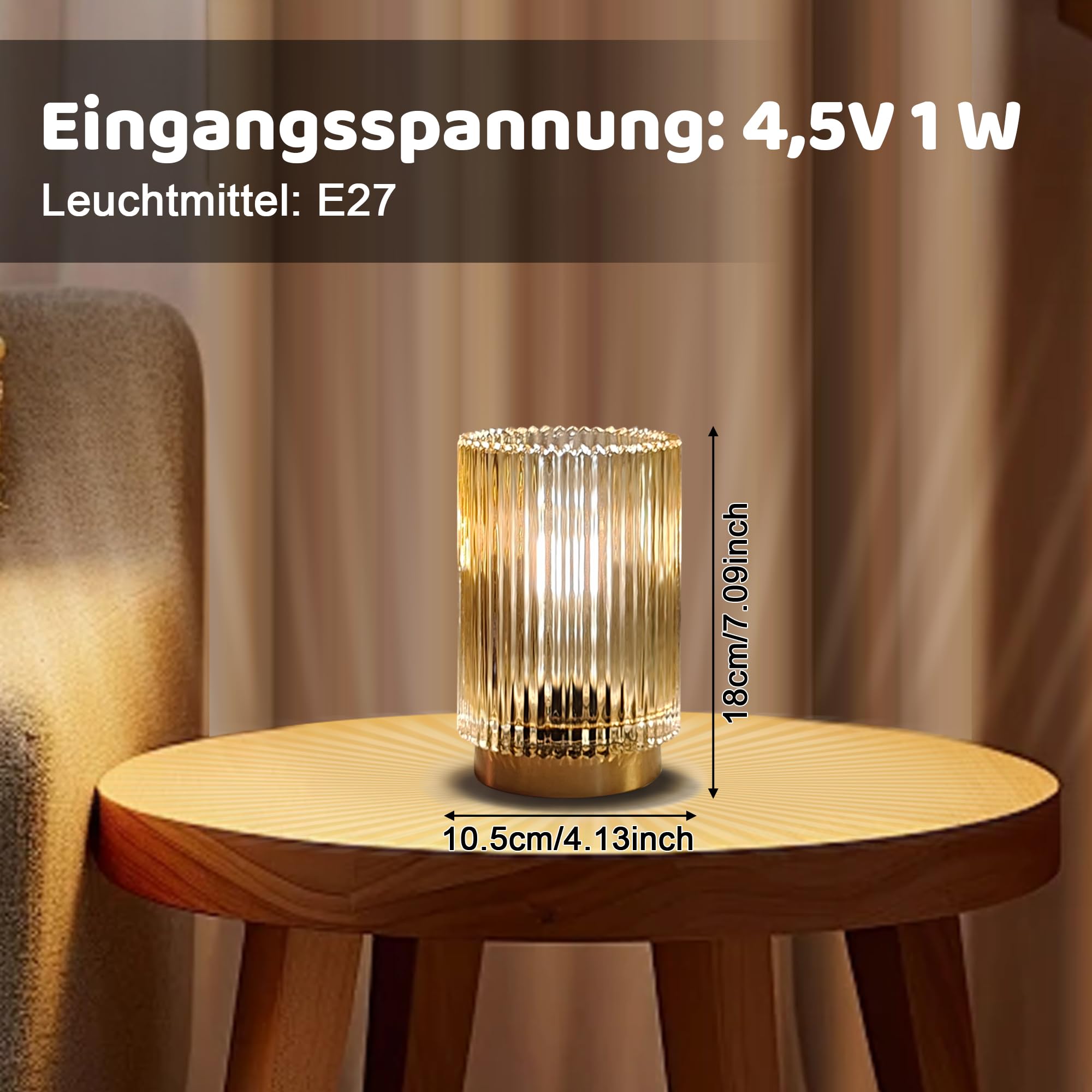 Tischlampe Kabellos Glaslampenschirm Stimmungslicht, Bernstein