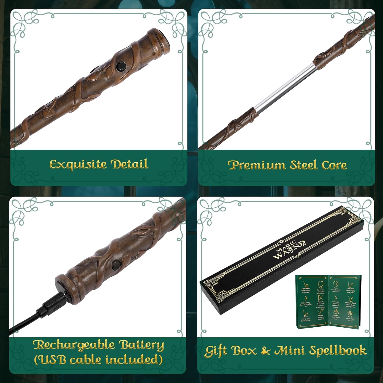 Light Up Magic Wizard Wand with White Lighting Rechargeable Illuminating Witch Sorcerer Wand for Kids Cosplay Collection, Focus