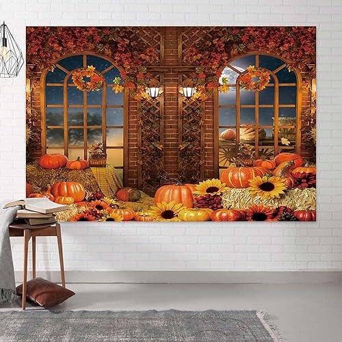 Miniatura 5 de Fondo de fotografía de otoño, vista de ventana de otoño, cosecha de calabaza, casa de campo, puerta de granero, decoración de fiesta, estudio