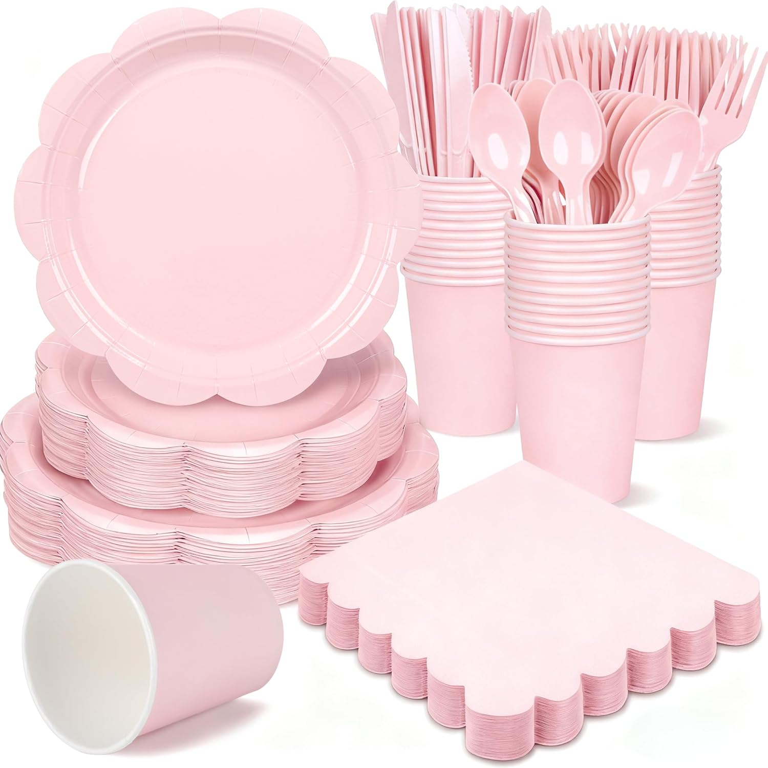 400 Pcs Pink Paper Plates and Napkins Set Party Supplies, Easter Party Tableware set for 50 Guest include Disposable Pink Scalloped Plates Napkins Knives Forks Spoons Cups for Baby Shower Wedding