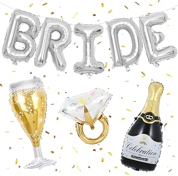 40inch Bride Balloons Silver Letters Banner, Bachelorette Party Decorations Set with Diamond Ring Champagne Bottle Balloon Glass Foil Balloon for Silver Bachelorette Engagement Wedding Bridal Shower