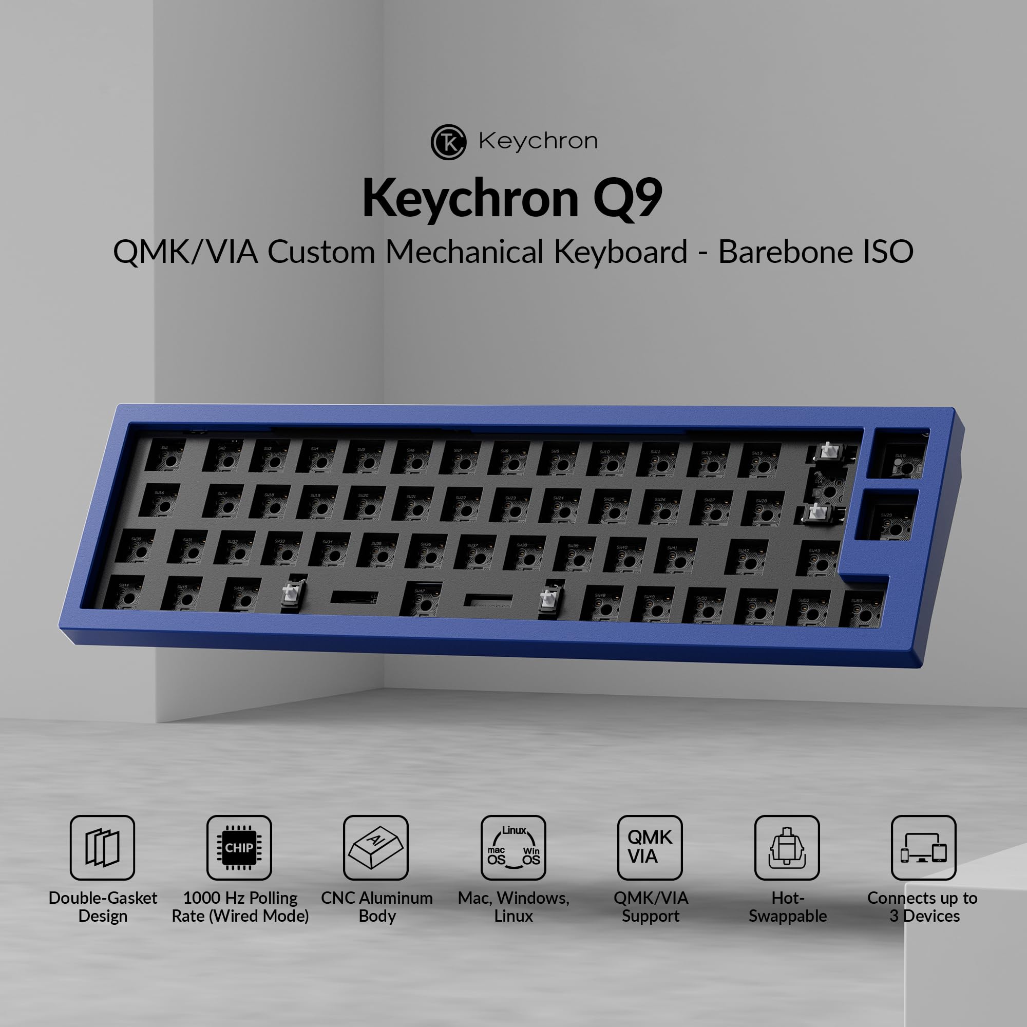 Keychron Q9 Kit de Clavier Mécanique DIY 53 Touches, Barebone ISO en Aluminium Usiné CNC, Programmable QMK, RGB, Switches 3/5 Broches, Kit Barebone Gaming à Monter Soi-même pour Win/Mac - Bleu