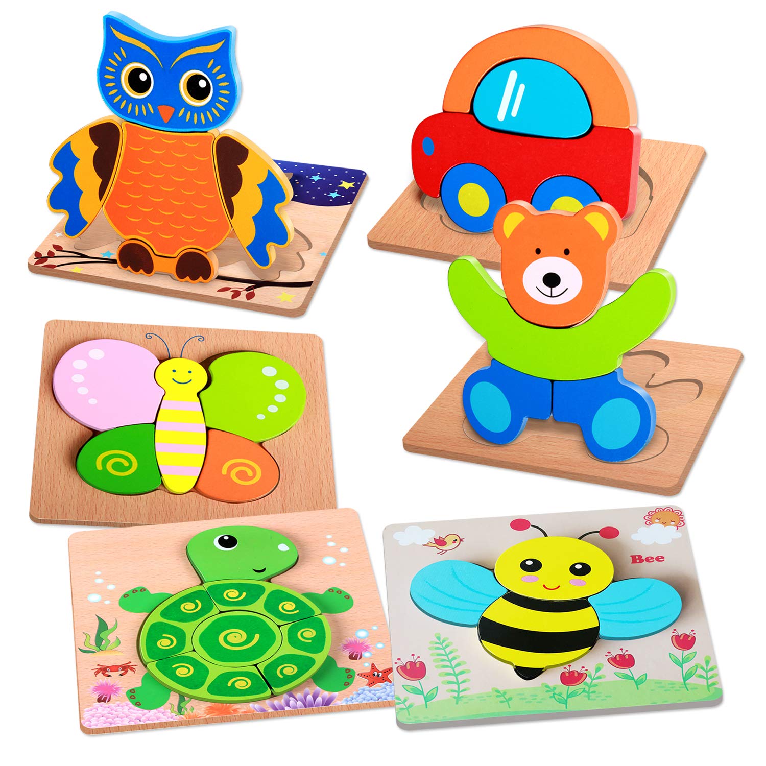 TOPTETN Wooden Puzzles for Toddlers - 6 Pack Animals Colorful Jigsaw Puzzles for Kids Boys Girls Baby Ages 1 2 3 Years Old, Children's Learning Educational Panel Puzzle Floor Puzzle