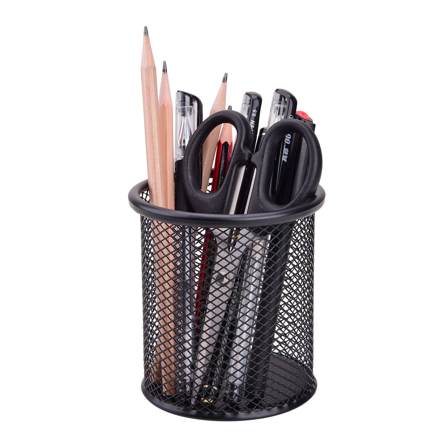 1InTheOffice Pen Holder Cup 3-Pack - Matte Black Wire Mesh Desk Organizer, Stackable Pencil Holder For Pens & Markers
