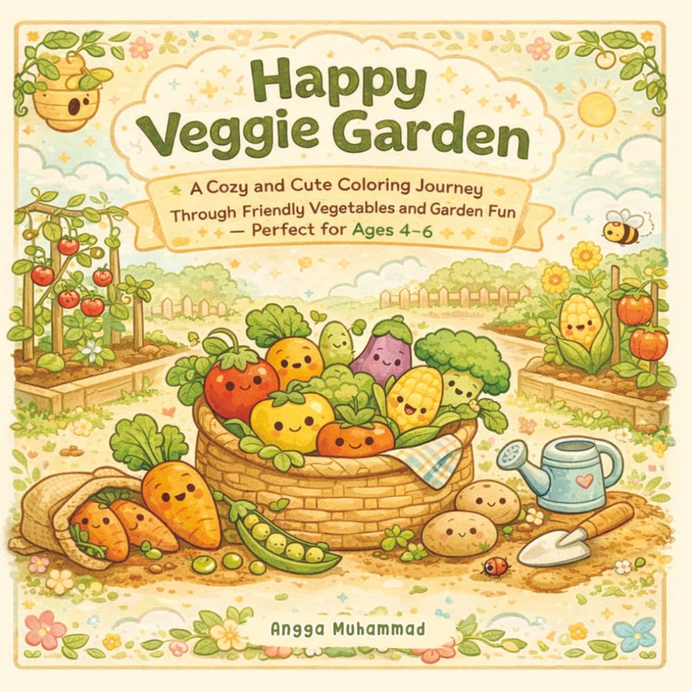 Happy Veggie Garden: A Cozy and Cute Coloring Journey Through Friendly Vegetables and Garden Fun — Perfect for Ages 4–6
