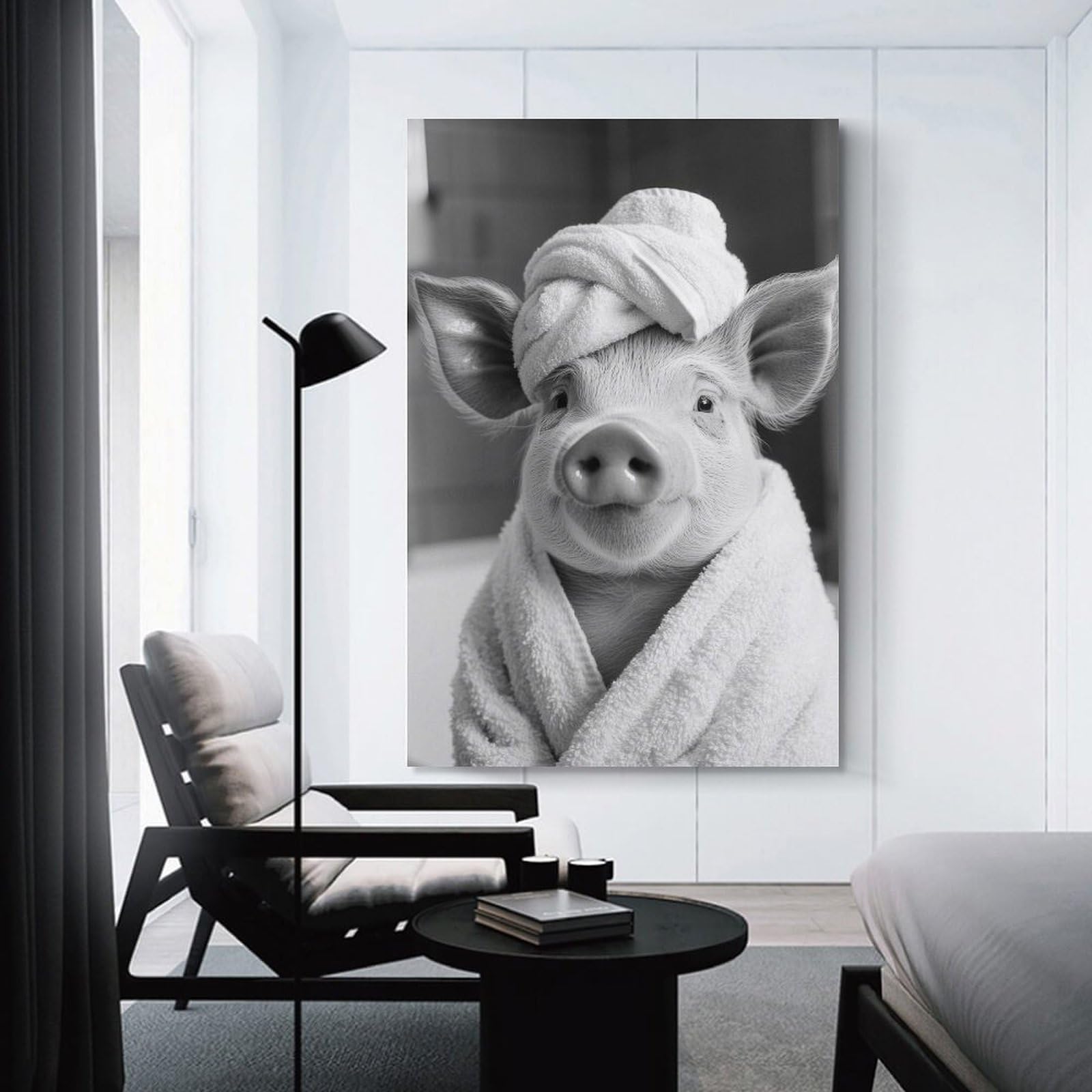 Junmoney Canvas Wall Picture Pig in A Bathtobe, 20x30inch(50x75cm), for Bedroom, Lounge Or Dressing Area, Stylish Decor for A Restful Room Update