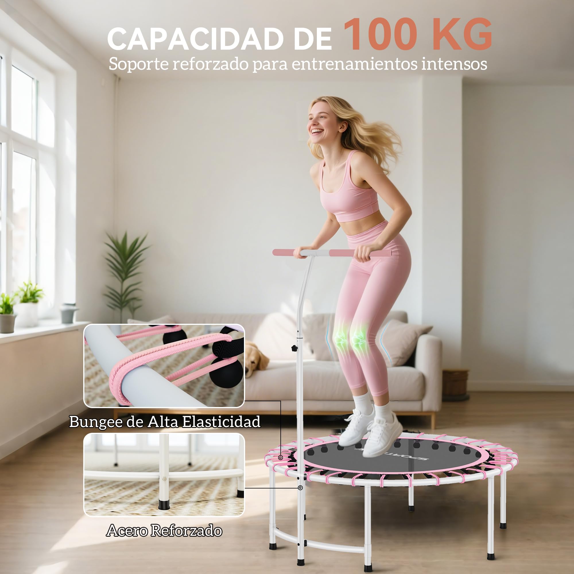 SPORTNOW Trampolín de Fitness Adultos Ø102 cm, Mini Cama Elástica Fitness con Mango Ajustable de 5 Niveles, Marco de Acero, para Entrenamiento Piernas, Cuerpo en Hogar, Oficina, Gimnasio, Rosa