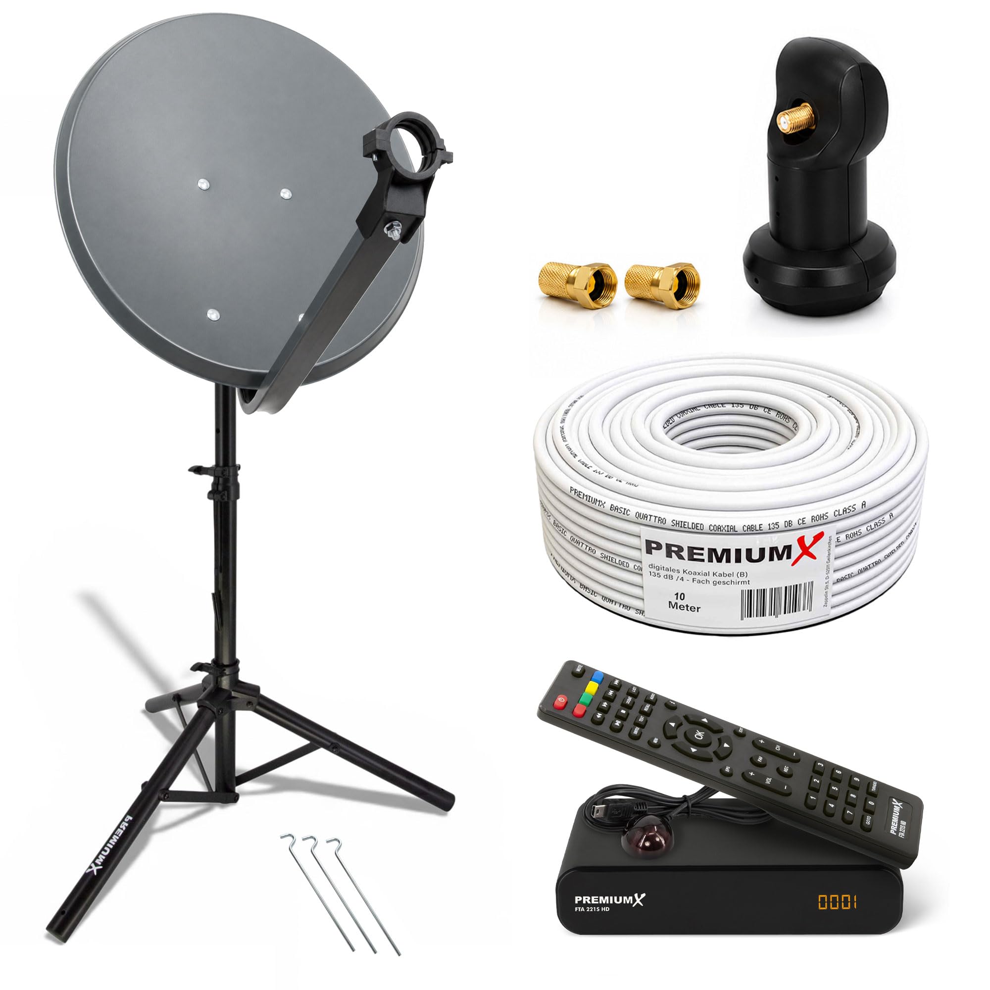 Premium X Camping Balkon Satelliten-Anlage 45cm SAT Schüssel Single LNB 10m Kabel F-Stecker Dreibein-Stativ HD TV Receiver