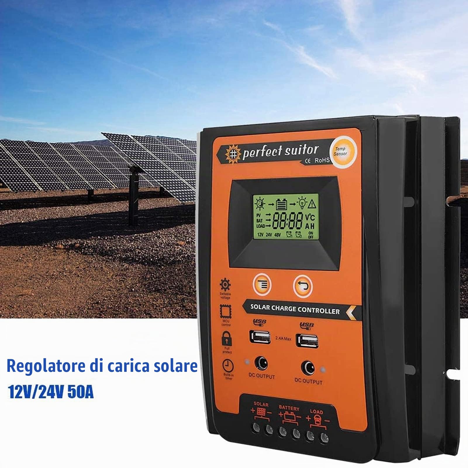 Regolatore di carica solare 12V/24V, Dual USB MPPT Regolatore di carica solare Pannello solare Regolatore batteria Regolatore solare con display LCD.(70A)