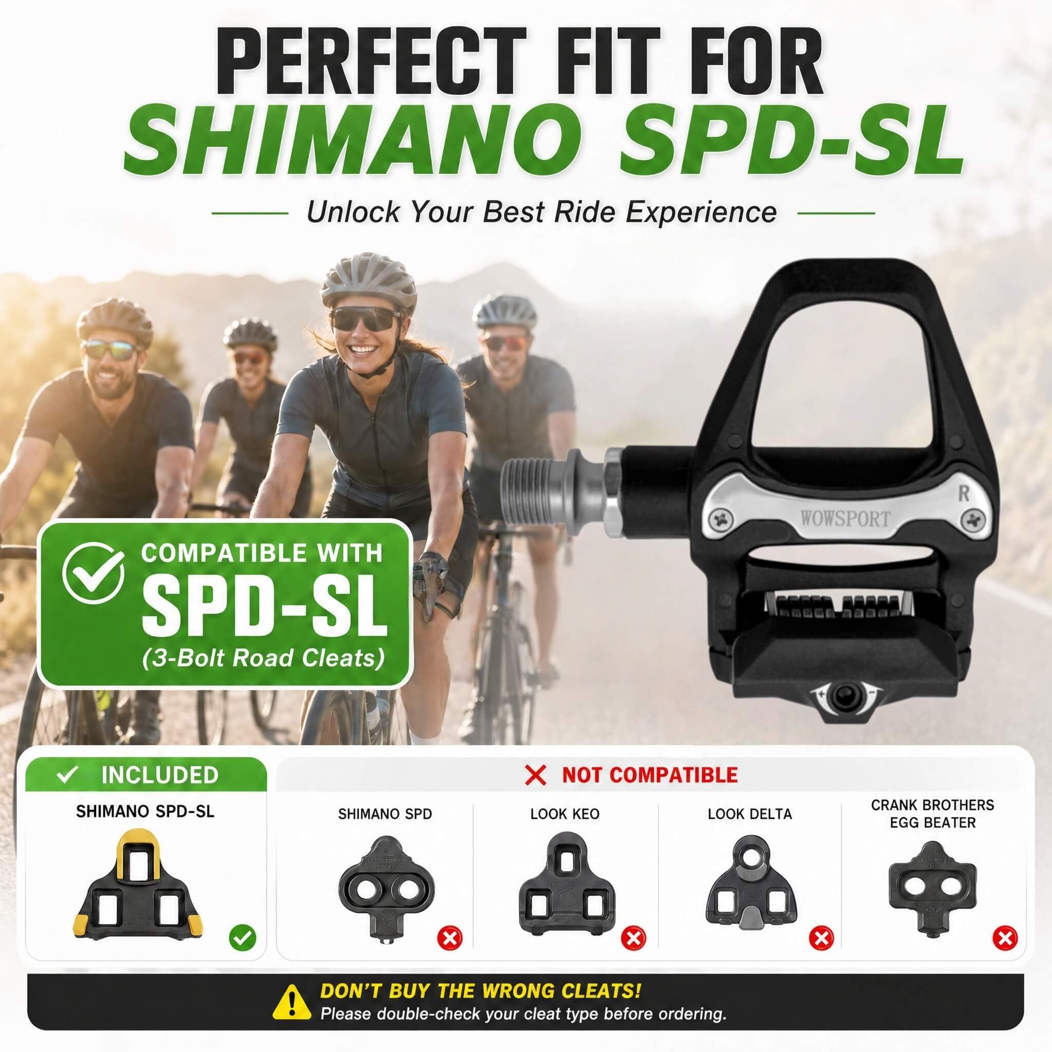 WOWSPORT Pedales de bicicleta de carretera sin clip W500-9/16 pulgadas, diseño ultraligero sin clip con tacos de 3 pernos, compuesto de nailon y rodamientos sellados