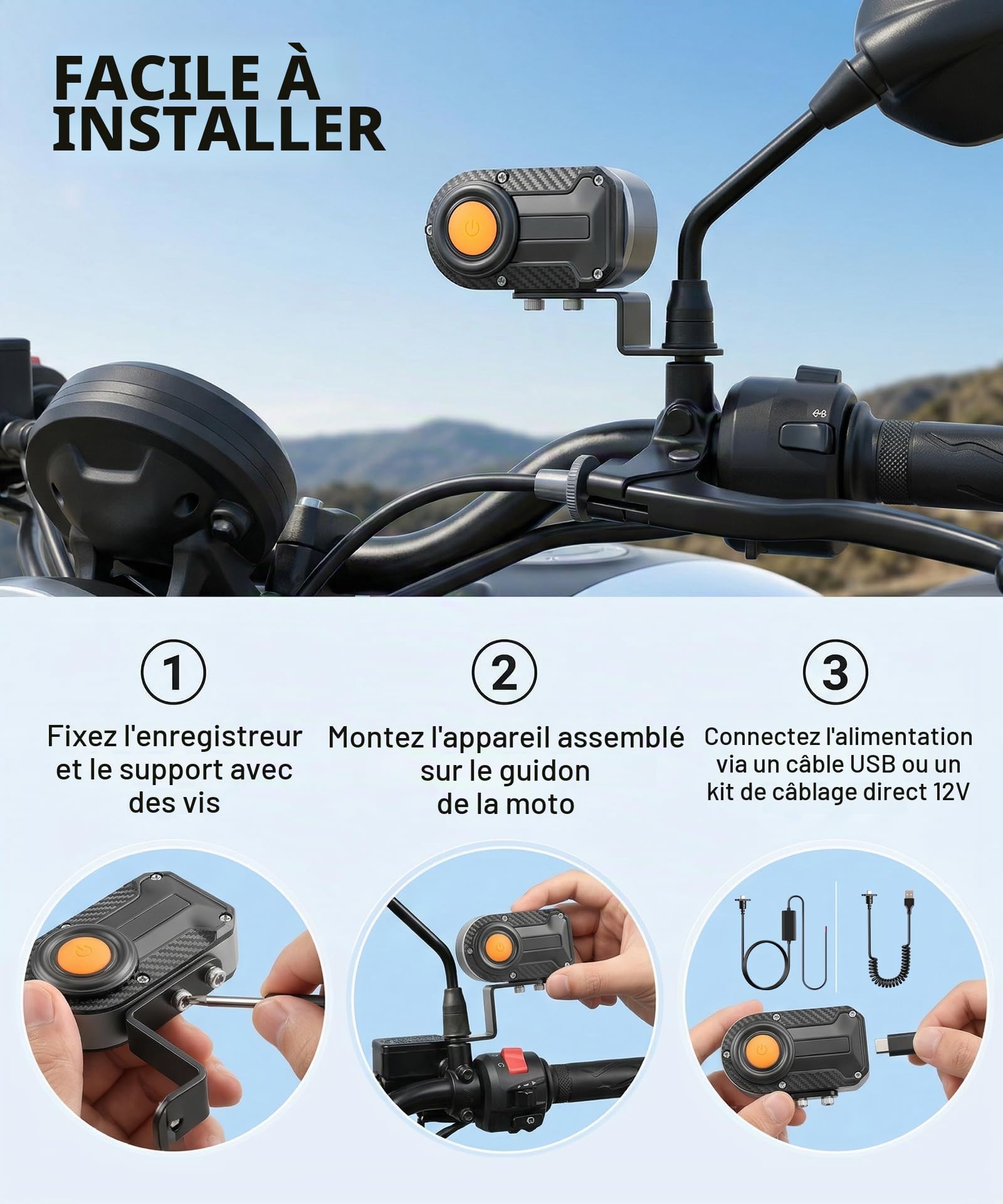 Enregistreur de Conduite pour Moto 1080P Full HD, sans Écran, Compact, Étanche IP66, Angle de Vue 110°, Enregistrement en Boucle, Installation sans Perçage, Connexion Wi-FI et Bouton Photo Rapide