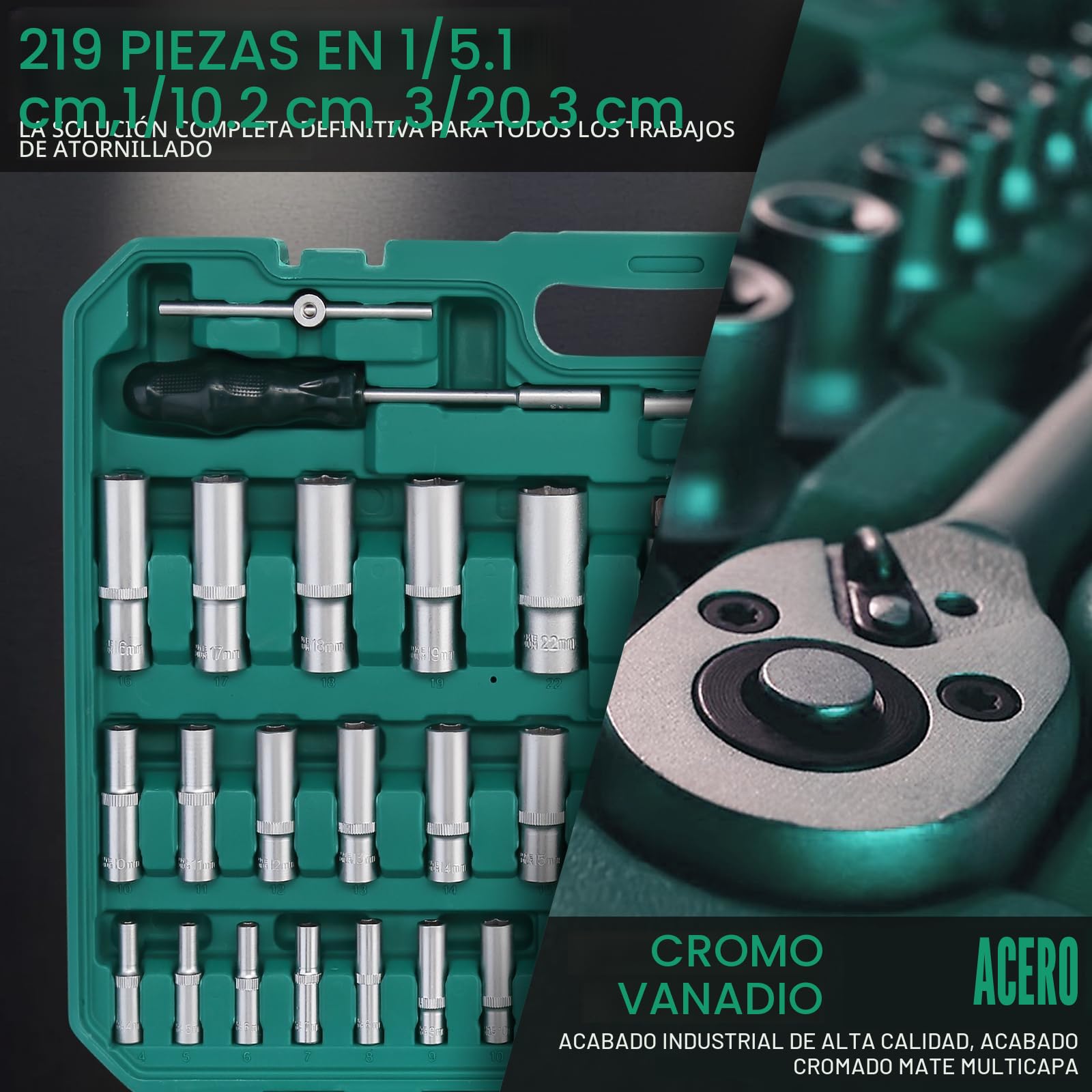STANEW 219 Piezas Juego de Vasos Profesionales para Llaves Carraca, Llave de Carraca Reversible de 1/4", 3/8" y 1/2",Acero al Cr-V, Ideal para Bricolaje, Reparación o Trabajos Mecánicos