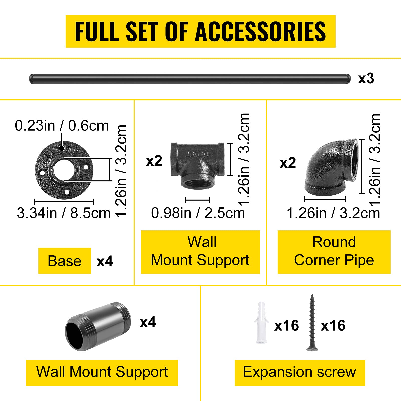VEVOR Pasamanos Escalera 270 cm Pasamanos de Pared Acero al Carbono Acabado Mate Carga 200 kg Pasamanos Estilo Industrial Ø32 mm Pasamanos Montaje en Pared Kit Completo Negro para Interior y Exterior