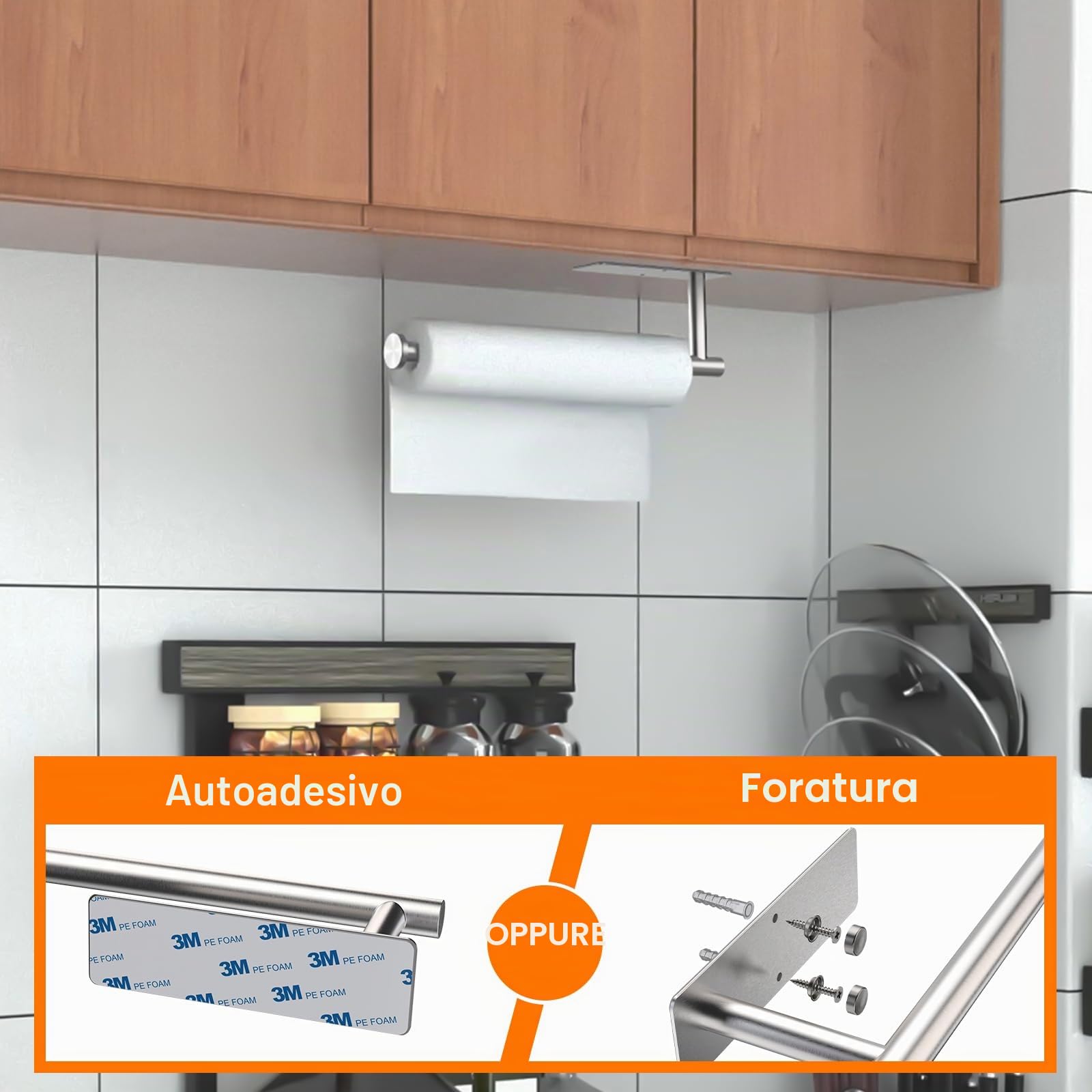 Ibergrif M34055A - Portarotolo da cucina con adesivo, porta rotolo di carta da cucina, senza trapano, in acciaio inox, grigio