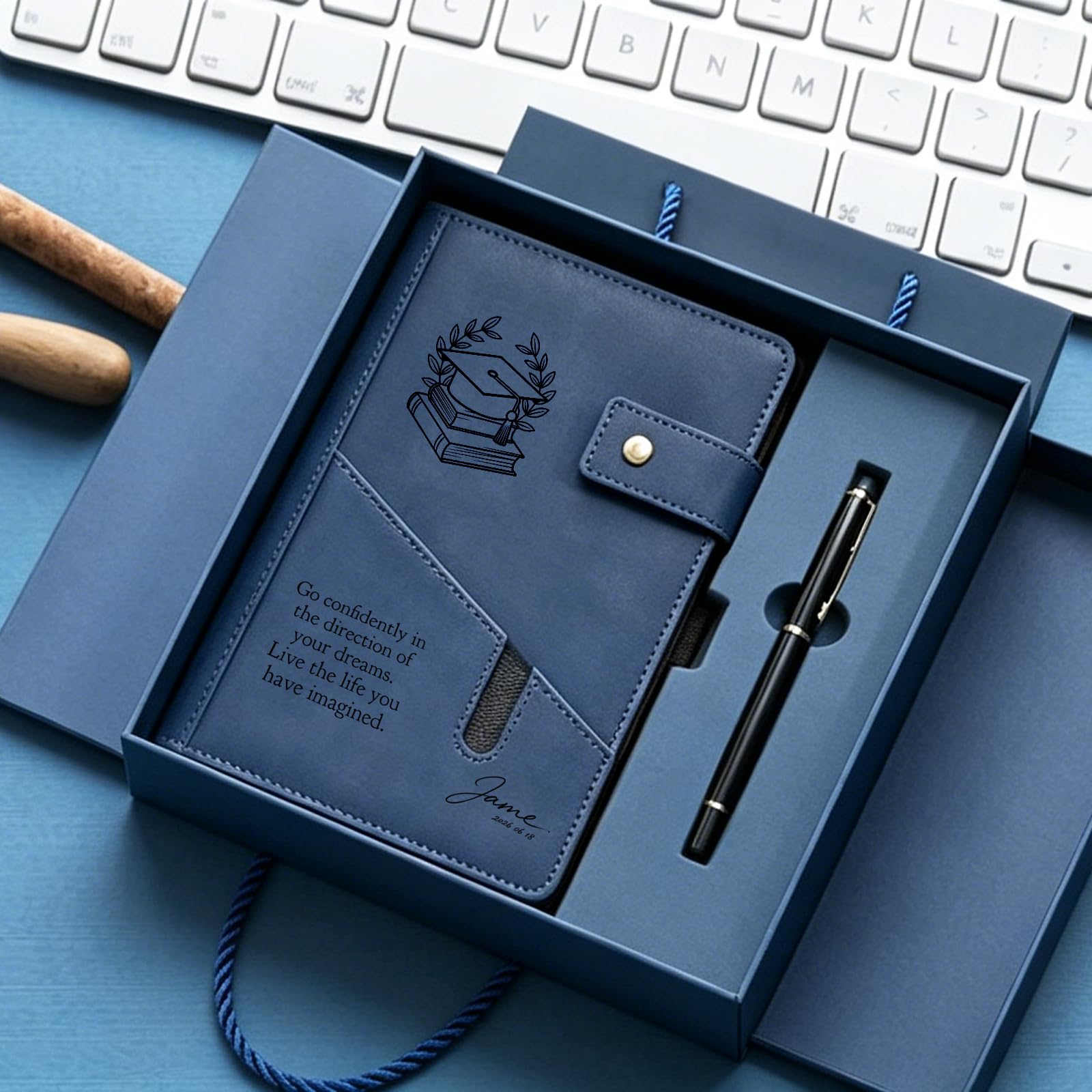 QSZ Personalised Leather Journal for Men, Women - Custom Business & Organiser A5 Lined Notebook for Coworker, Employee, Gift for Him, Her, Students, Graduation, Father‘s Day, Office (dark blue)