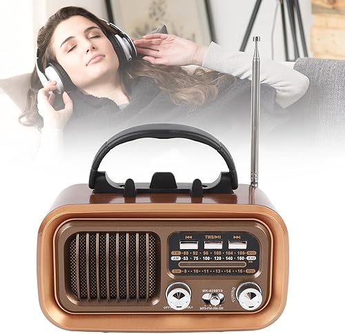 Miniatura 9 de Radio retro vintage con altavoz Bluetooth, pequeña radio AM FM vintage, funciona con pilas solares, TWS, compatible con tarjeta TF USB para el hogar