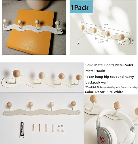 Miniatura 2 de Perchero montado en la pared, ganchos blancos adhesivos y atornillados, riel de gancho de madera antidesgarros, perchas de metal resistente para