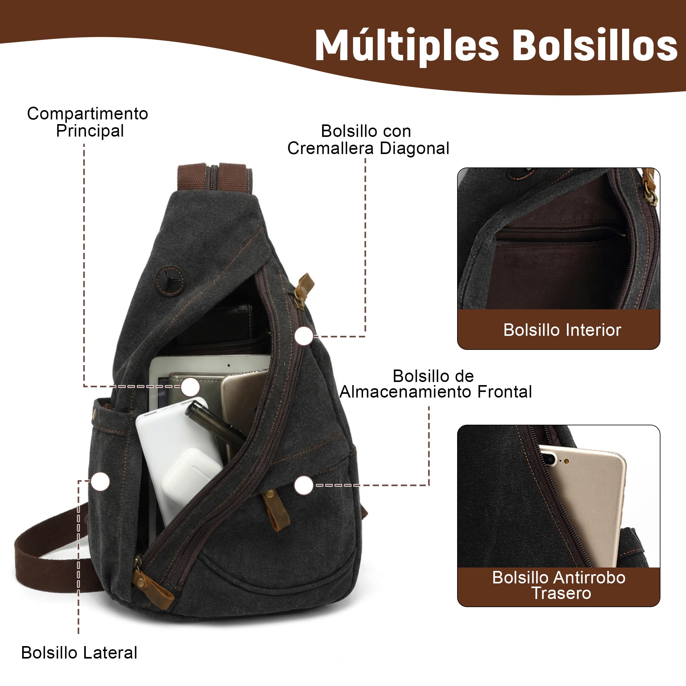VARLIVOO Bolsos de Hombro para Hombre Sling Bag Bolsos Cruzados Bandolera Bolsa de Pecho Crossbody Bolsa Senderismo Viajes Cámping Ciclismo Montañismo Lona Sling Backpack Negro