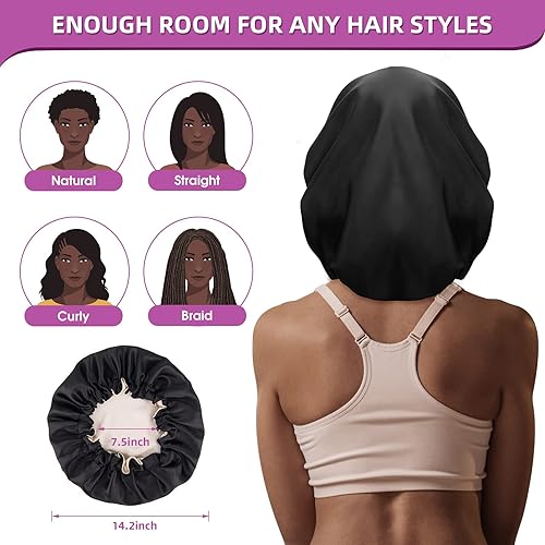 Miniatura 4 de Atudew Gorro de satén, 2 gorros de seda, gorro de pelo para mujeres negras, para dormir con cabello rizado, gorro de dormir de seda, Borgoña