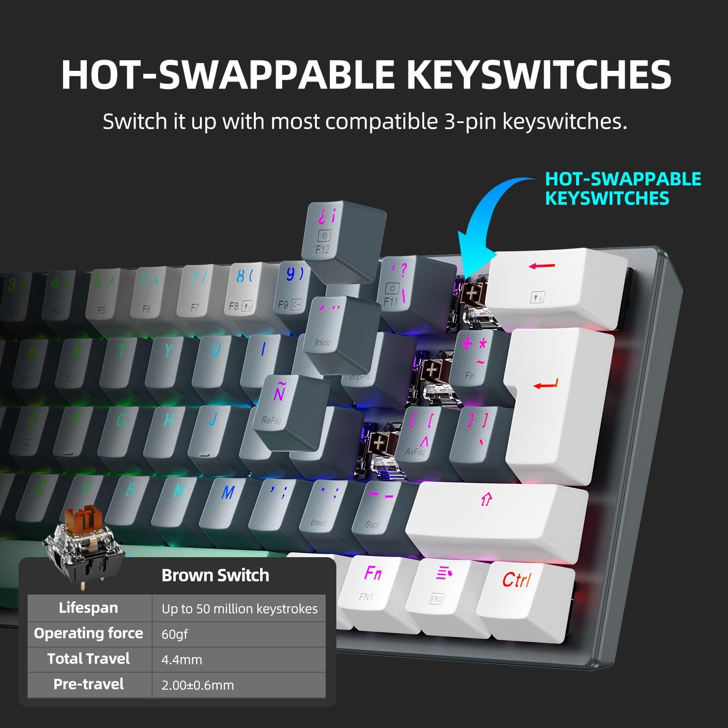 Machenike K500-B61W keyboard showing a hot-swappable keyswitch being removed, with specifications for Brown Switches (Lifespan, Operating force, Total Travel, Pre-travel).