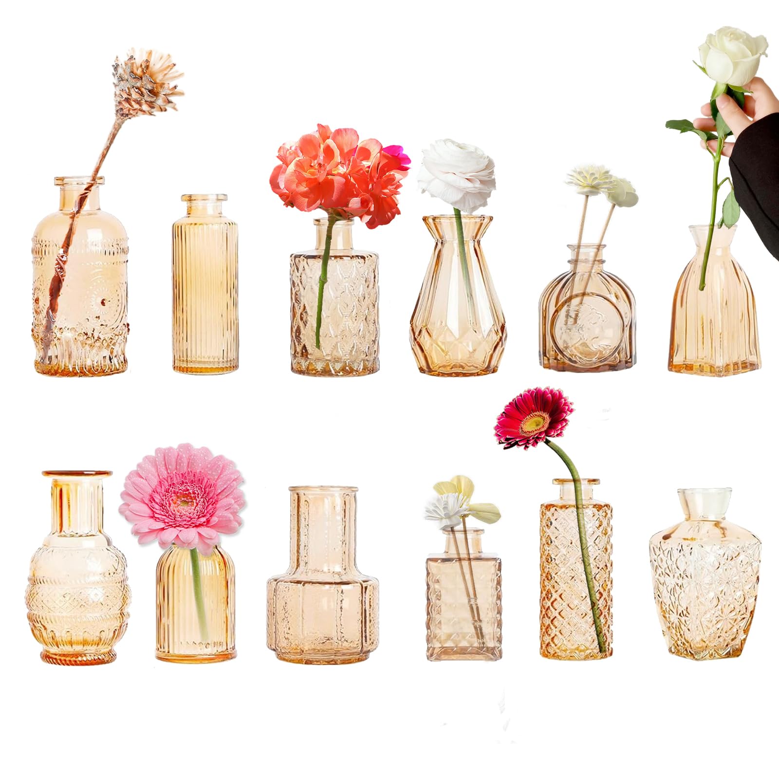 Glasvasen, Set mit 12 kleinen, klaren Bernsteinvasen für Tafelaufsätze, Mini-Glasvasen in Großpackung, Vintage-Vasen, sortiert, kleine Blumenvase für Babyparty, Hochzeit, Blumenarrangements,
