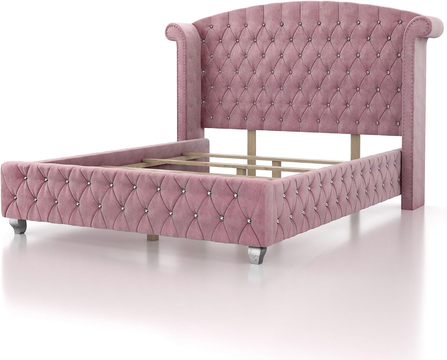HOMES: Inside + Out Yekaterina Glam Fabric Tufted Upholstered 3-Piece Bedroom Set, Wingback Panel Twin-Size Bed and 2-Drawer Nightstand for Bedroom, Pink
