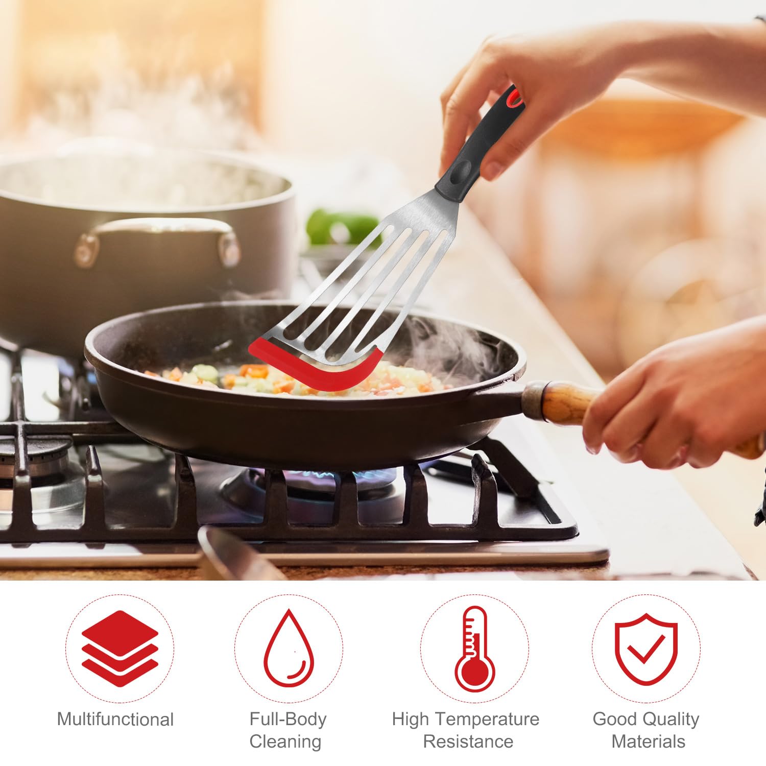 Confezione da 2 spatole da cucina in silicone, antiaderenti, resistenti, resistenti al calore, senza BPA, per pesce, uova, carne, pancake (nero-rosso