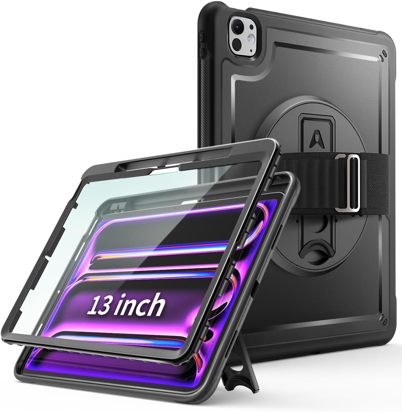 Ambison Case for iPad Pro 13 inch 2024,Full-Body Protective Rugged iPad Pro 13 inch Case(M4,7th Generation)-Screen Protector,360° Rotating Sturdy Stand, Adjustable Handle Strap,Pencil Holder,Black
