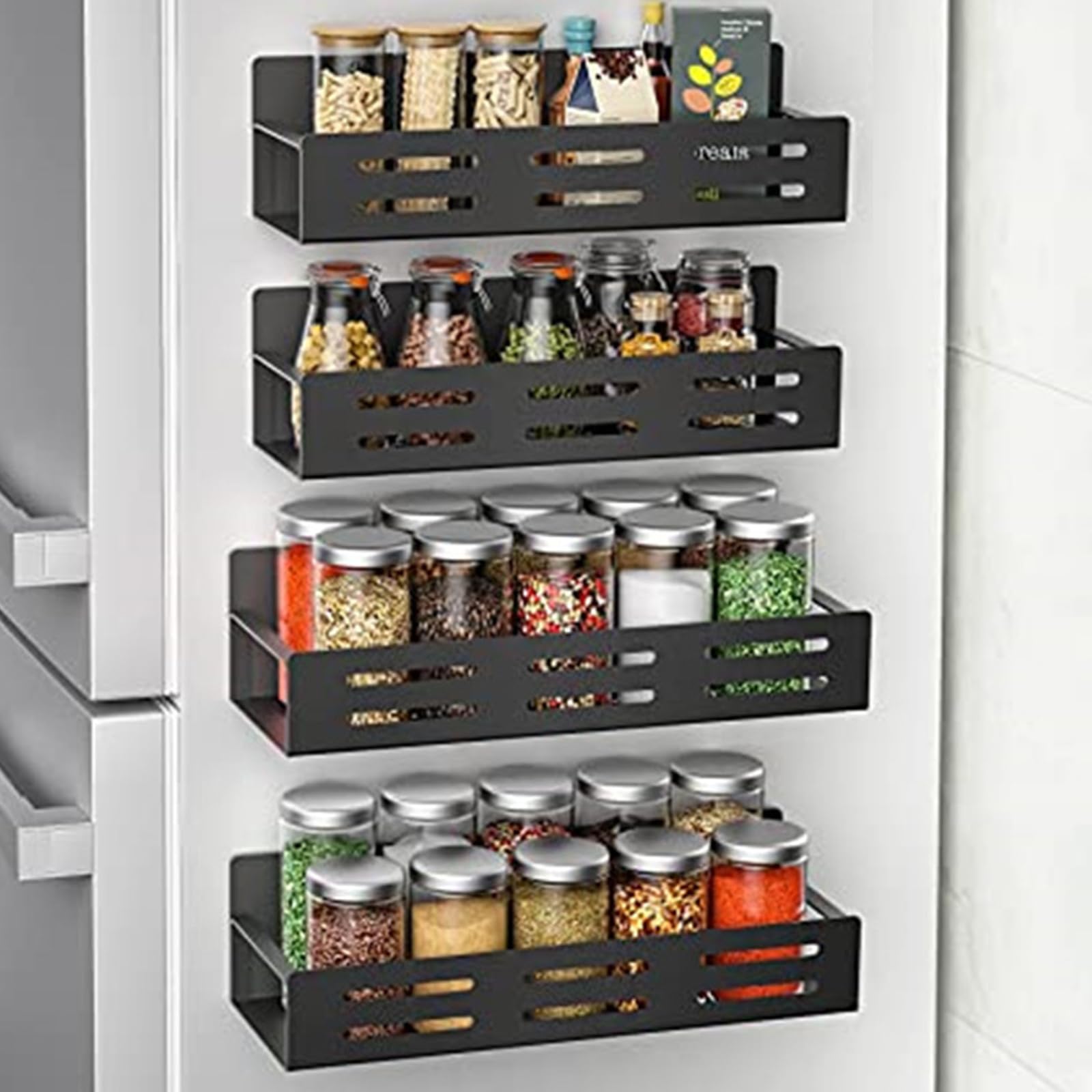 Magnetisches Gewürzregal – 4 starke Halterungen für Küche & Kühlschrank, sichere Aufbewahrung für Gewürzgläser und kleine Flaschen, perfekter Nizer für optimale Platzeffizienz
