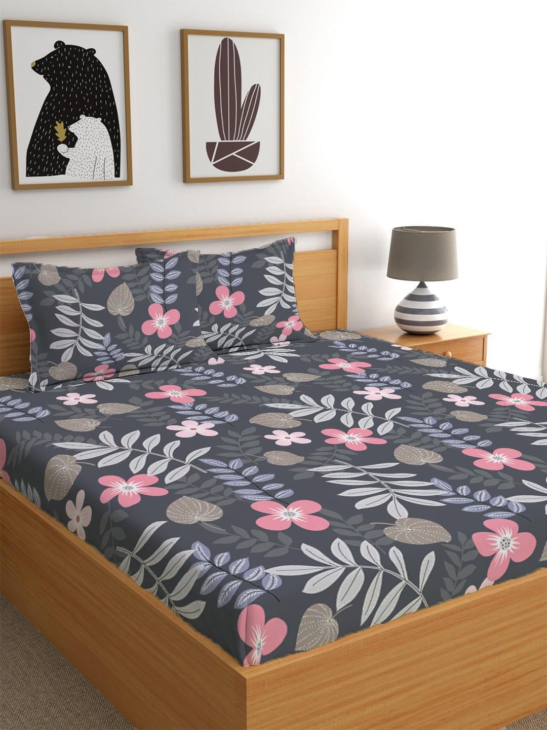 LOOMLYFE 300 TC Cotton Feel Glace Cotton Elastic Fitted Printed King Size Double Bed Bedsheet with 2 Pillow Covers Fits Upto 8 inches Mattress, Size- 72X78 Inches, Greypatta