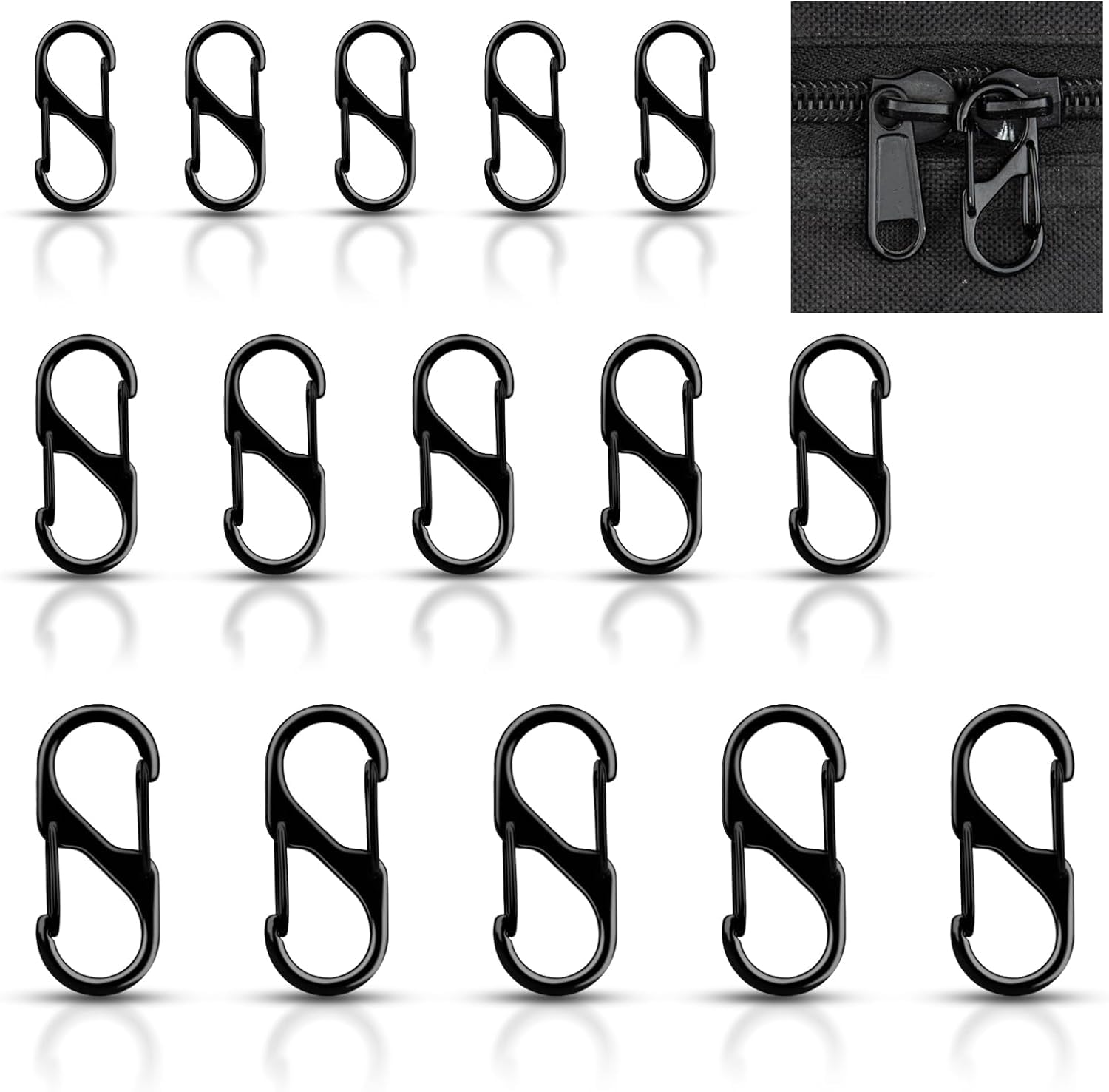 Meschett Black 15Pcs Anti-Theft Zipper Lock, 3-Sized Pull Replacement, Dual S-Shaped Carabiner Clips For Backpack, Luggage, And Suitcase Security (Black)