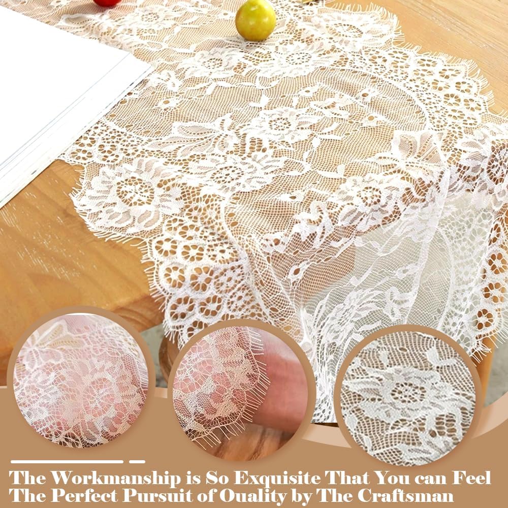 6 Pack 14 x 120 Inch White Lace Table Runner with 24 Bow Ties, Vintage Boho Embroidered Floral Lace Table Runners for Dresser Top Wedding Bridal Shower Thanksgiving Christmas Party Decoration