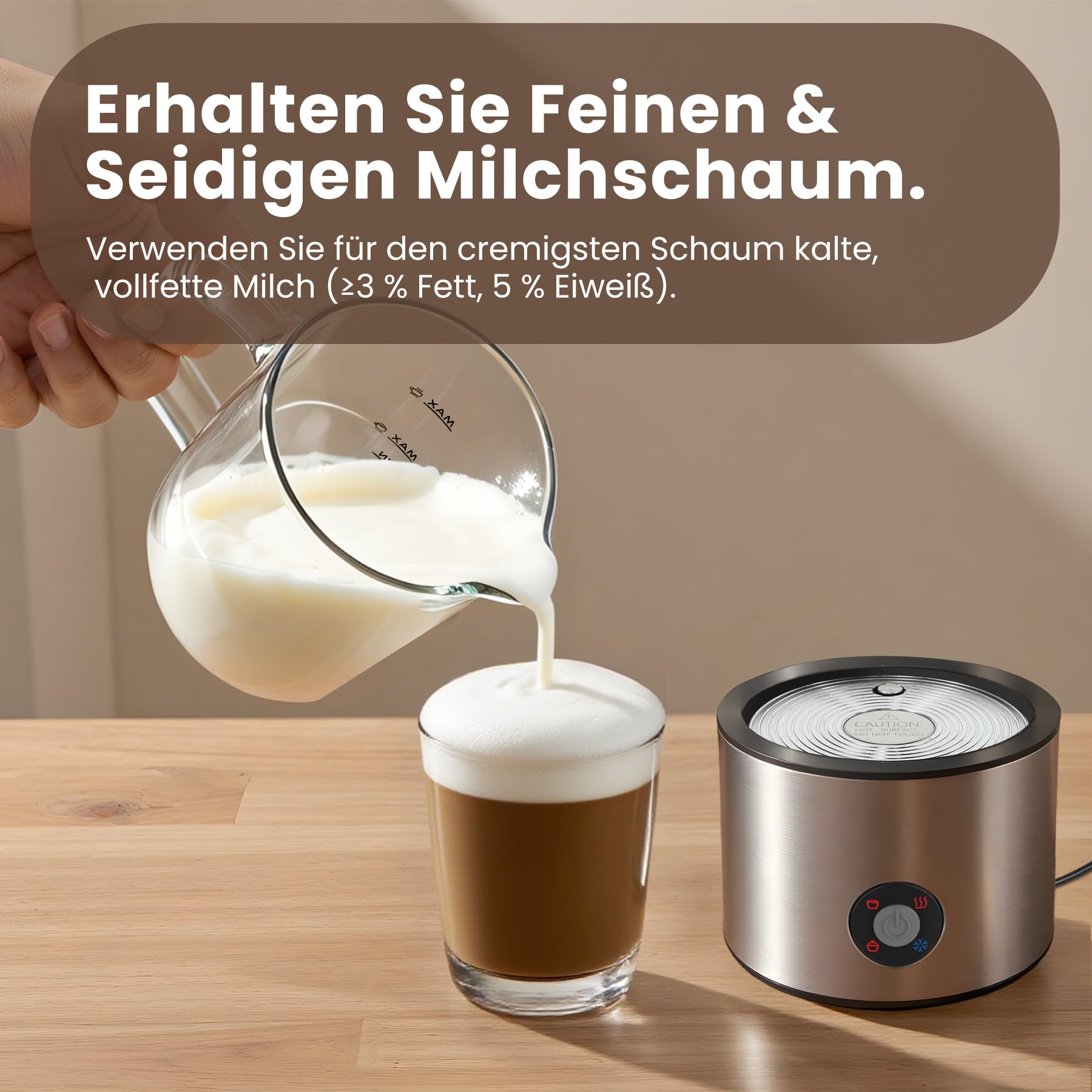 Milchaufschäumer Elektrisch 4 in 1, Milchschäumer Induktion 500ml Kalt Warm, Automatische, Spülmaschinenfest, Abnehmbar Visuelles Glas für Kaffee und Latte (Glänzend Silbern)