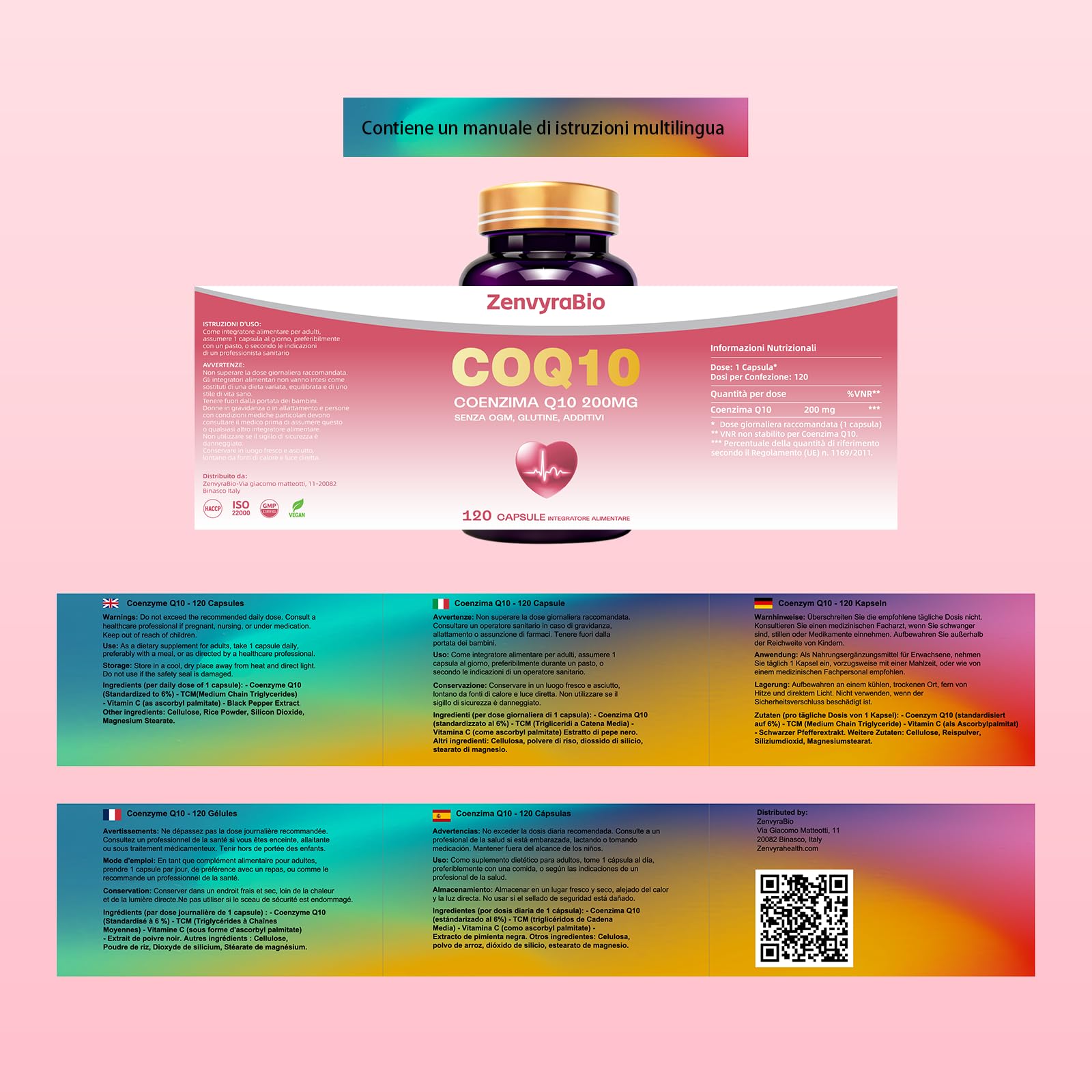Coenzima Q10 200mg – 120 Capsule Softgel | Ubiquinone Puro Fermentato Naturalmente ad Alta Biodisponibilità | Integratore Antiossidante ad Alto Assorbimento, Senza OGM, Glutine e Additivi