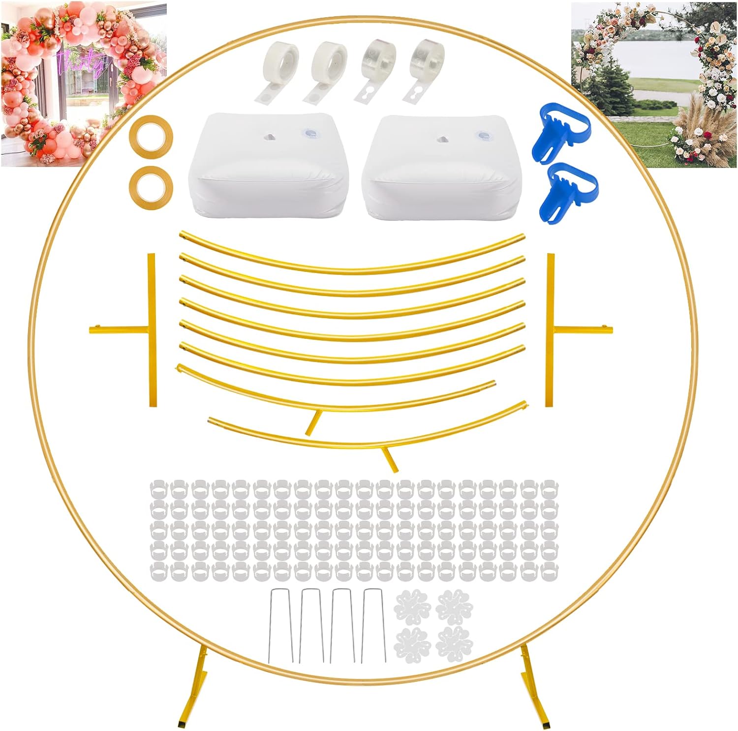 RUBFAC Round Balloon Arch Stand Kit, 7.2ft Metal Circle Balloon Arch Frame Gold Wedding Arch for Birthday Party Supplies Wedding Graduation Baby Shower Event Photo Background Decorations Round Arch Stand