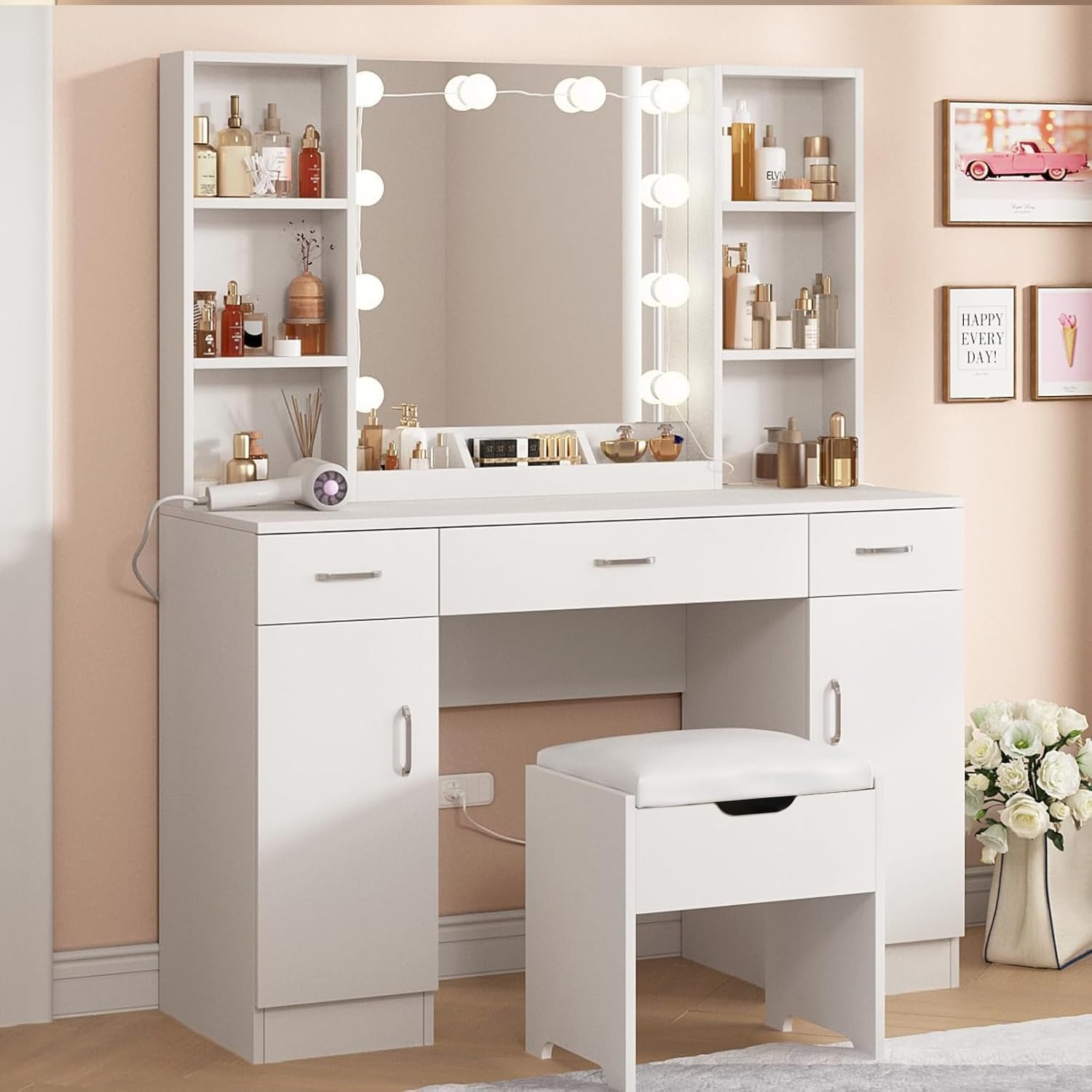 Makeup Vanity Desk with Lights, 3 Lighting Colors, White Vanity Set Makeup Table with 3 Drawers, 2 Cabinets and Multiple Shelves, Large Vanity 45.2in(L)