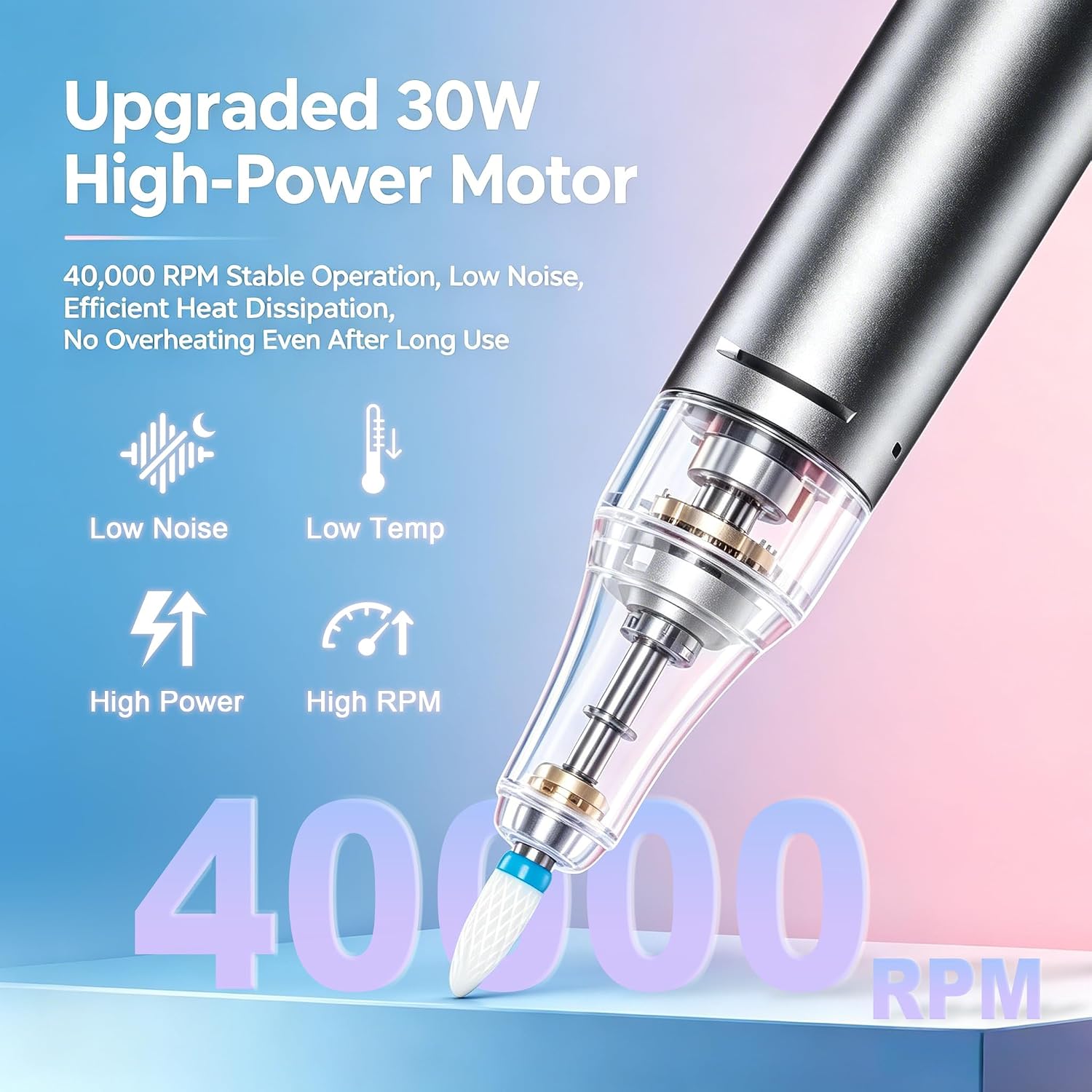 Electric Nail Drill 30W 0-40000 RPM Professional, Rechargeable Cordless Portable Efile Kit with 15PCS Bits for Acrylic & Gel Nails, Low Vibration Manicure Pedicure Tool for Salon Home DIY (White)